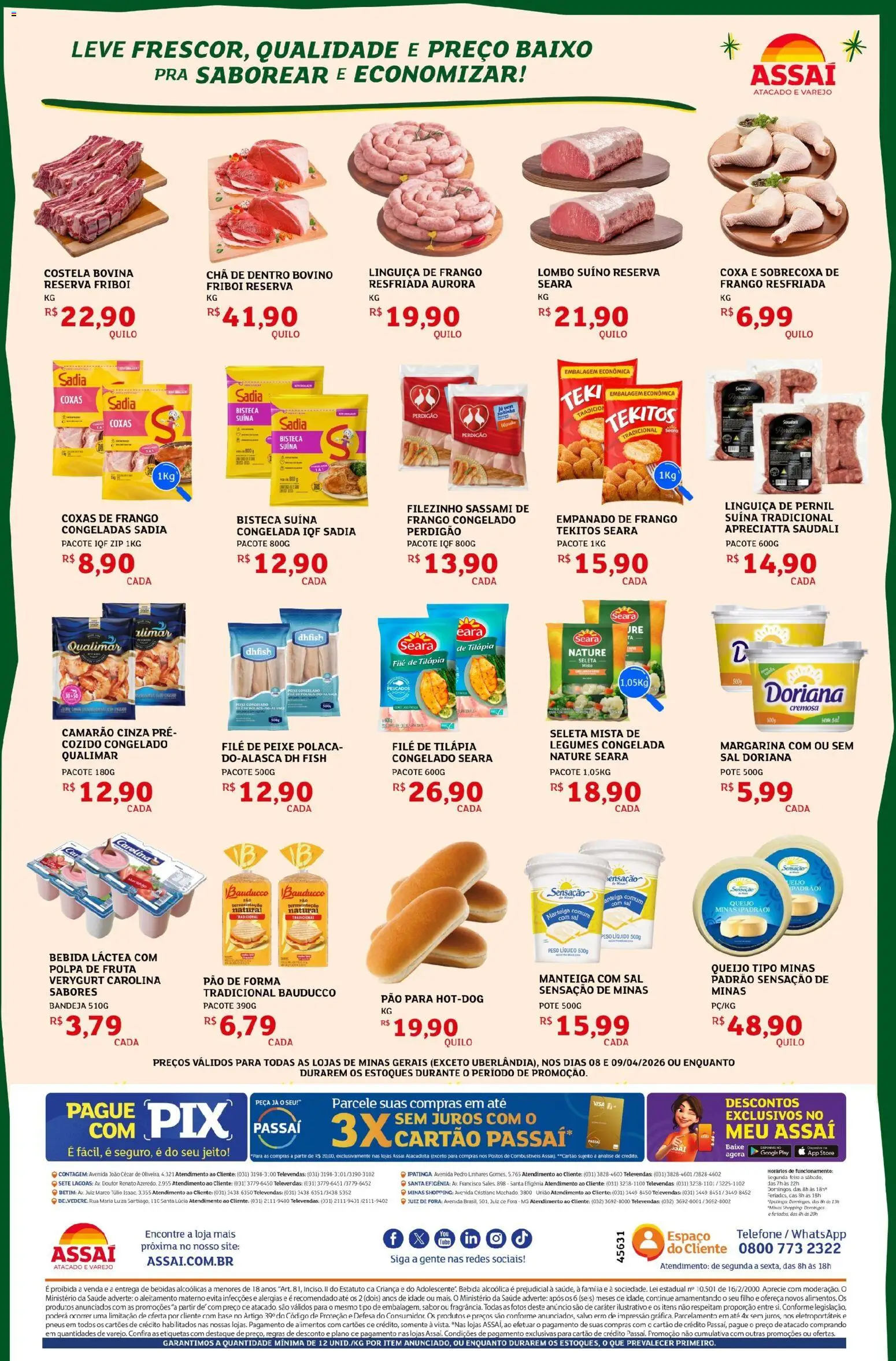 Assaí Atacadista Folheto - válido de 08.04.2026 | Página: 2 | Produtos: Linguiça, Camarão, Baixo, Margarina
