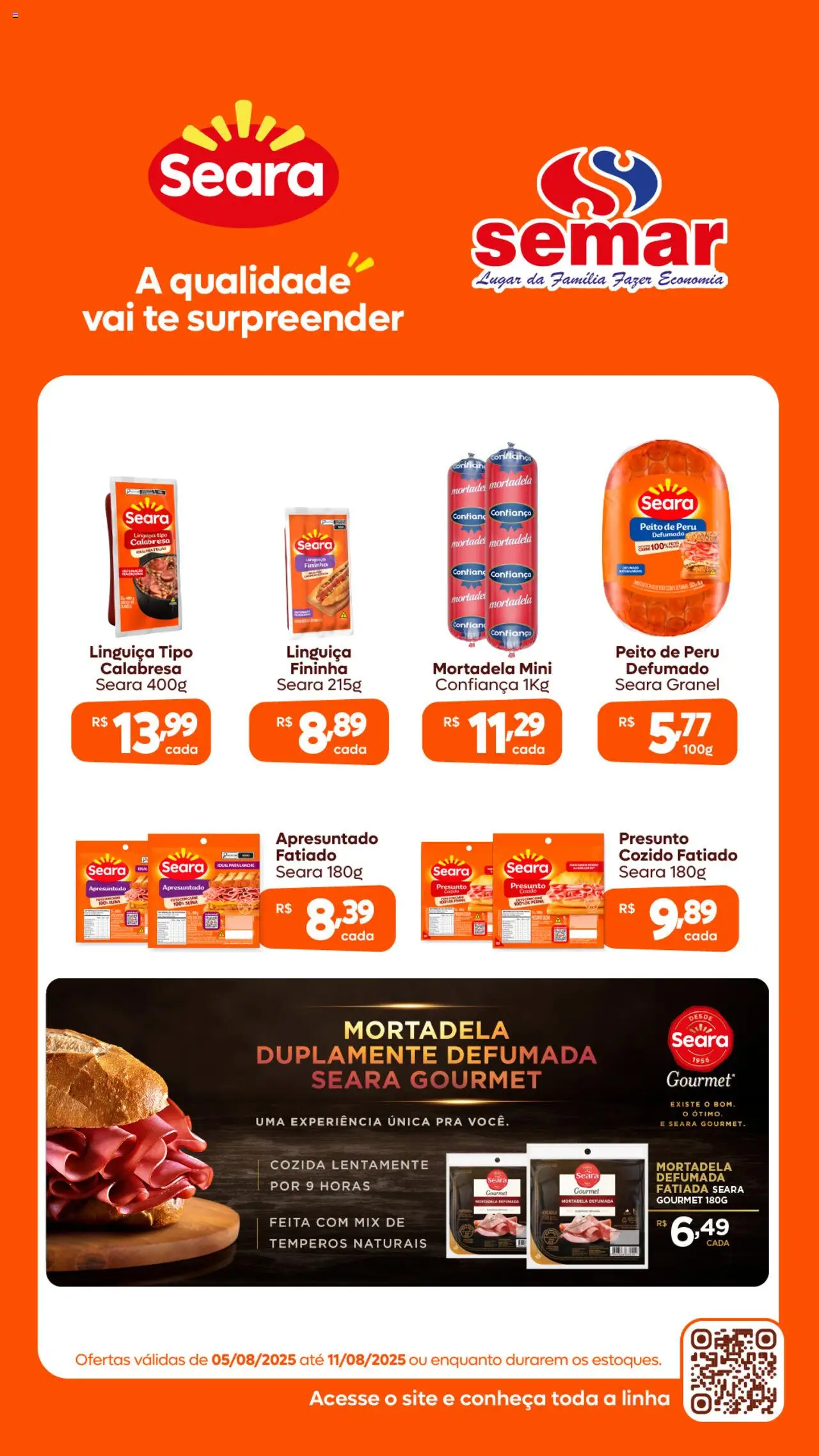 Semar Supermercado Folheto - válido de 05.08.2025 | Página: 1 | Produtos: Linguiça, Presunto, Mortadela, Peito de peru