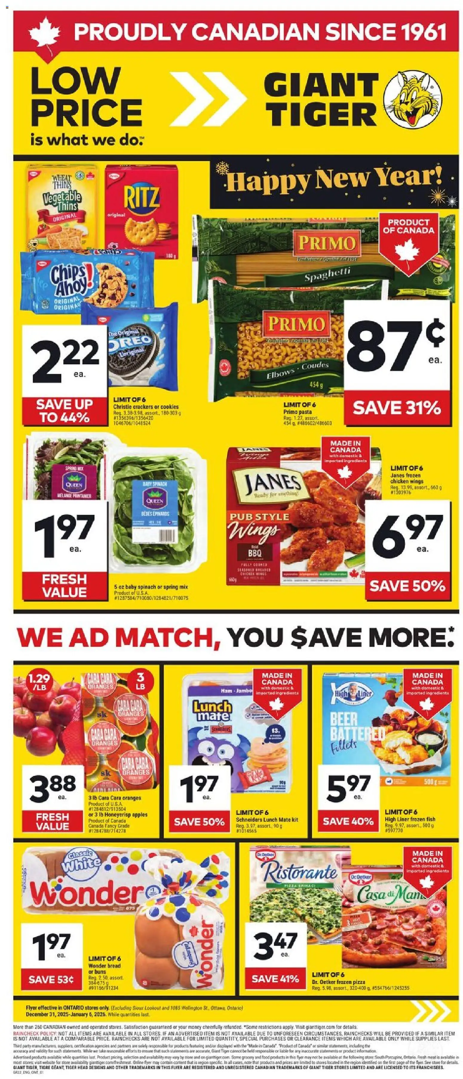 Giant Tiger flyer valid from 31.12.2025 | Page: 1 | Products: Fish, Pasta, Chicken, Oranges