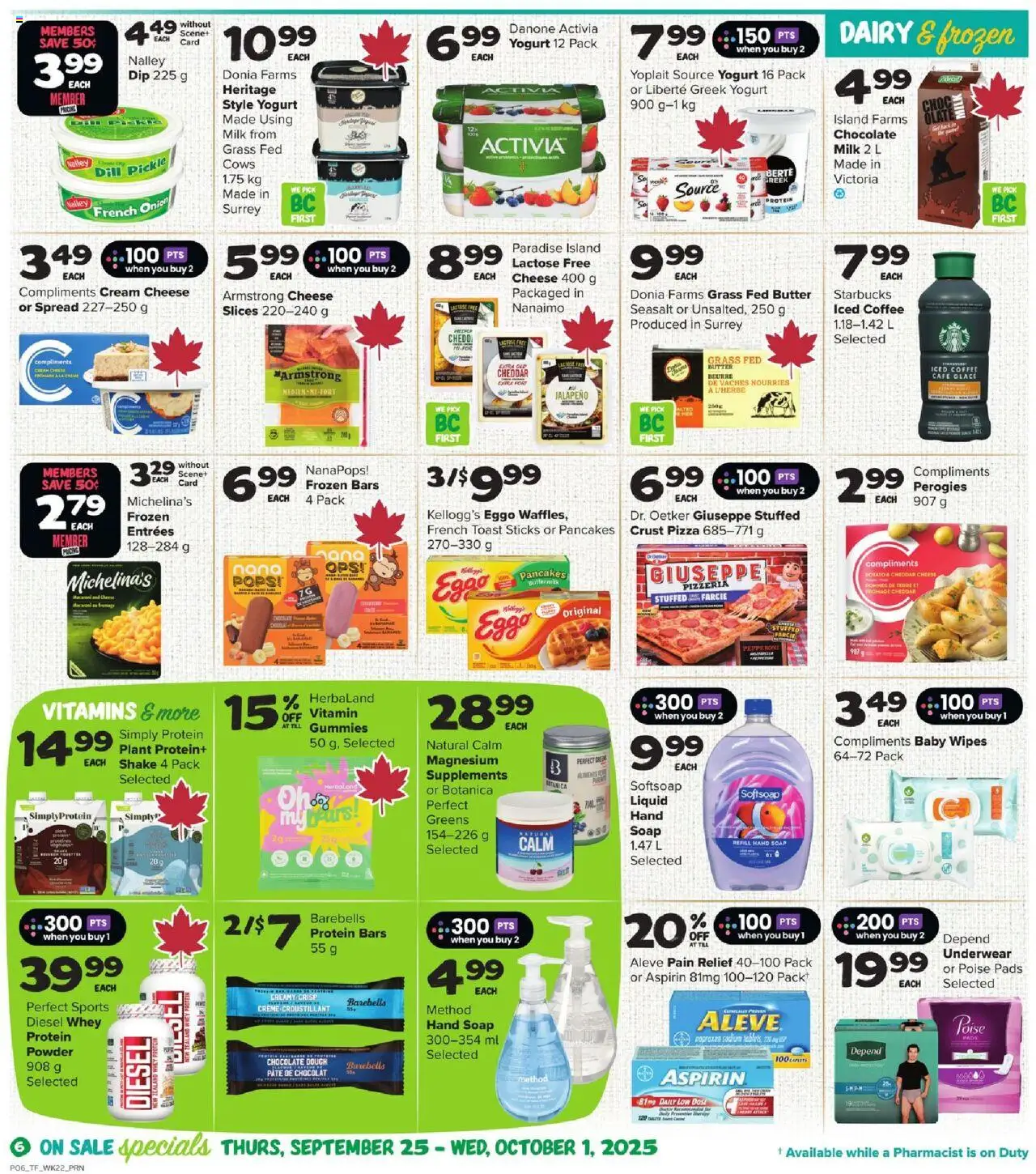 Thrifty Foods flyer valid from 25.09.2025 | Page: 7 | Products: Cheese, Yogurt, Coffee, Pizza