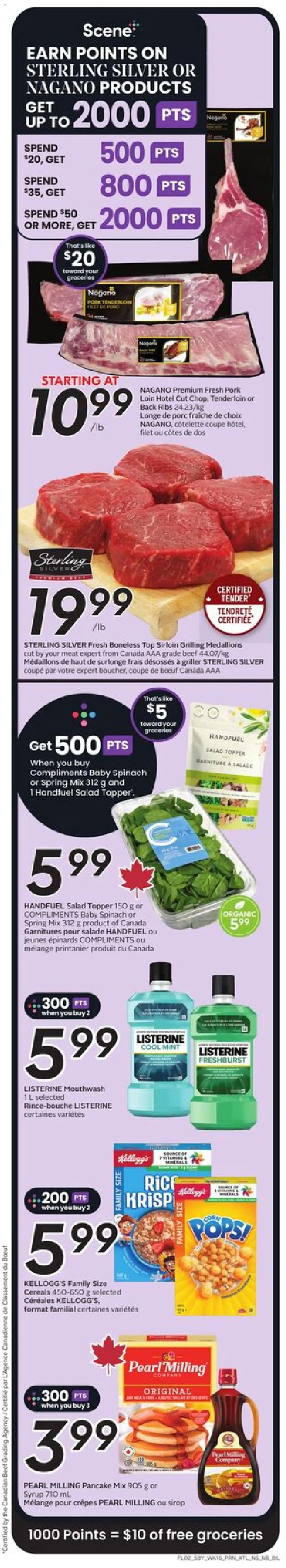 Sobeys flyer valid from 14.08.2025 | Page: 3 | Products: Cereals, Salad, Mouthwash, Pork