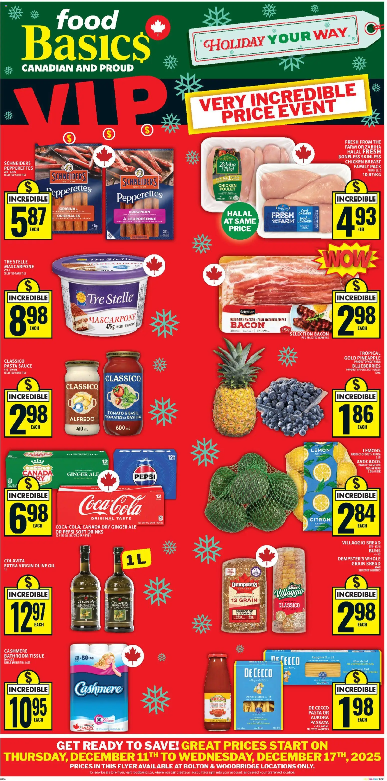 Food Basics flyer valid from 11.12.2025 | Page: 1 | Products: Pineapple, Pasta, Oil, Chicken