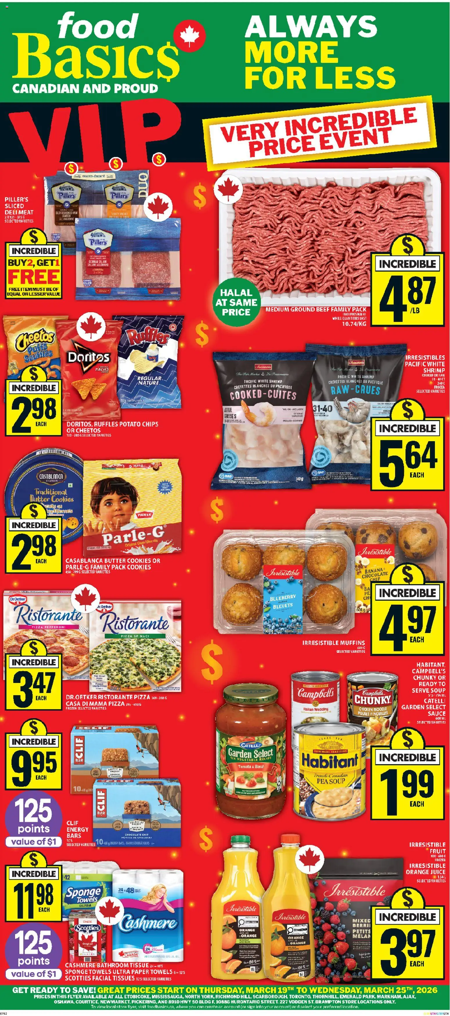Food Basics flyer valid from 19.03.2026 | Page: 1 | Products: Chips, Chocolate, Pizza, Juice