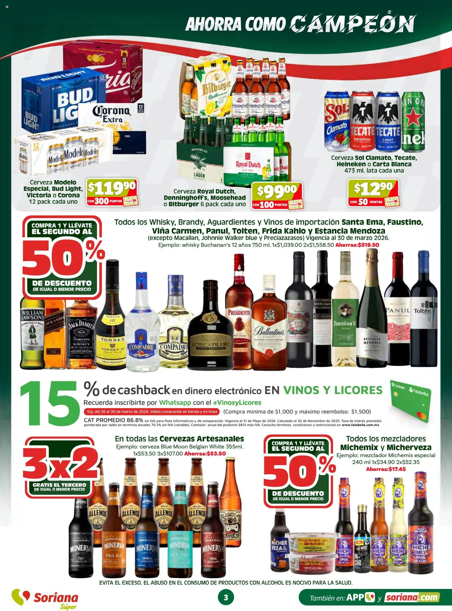 Nuevas ofertas de Soriana válidas en toda la República Mexicana desde el 26.03.2026. ¡Encuentra las mejores ofertas en Soriana En vacaciones apoyamos con todo Súper! | Página: 3 | Productos: Whiskey, Cerveza, Mezclador, Whisky