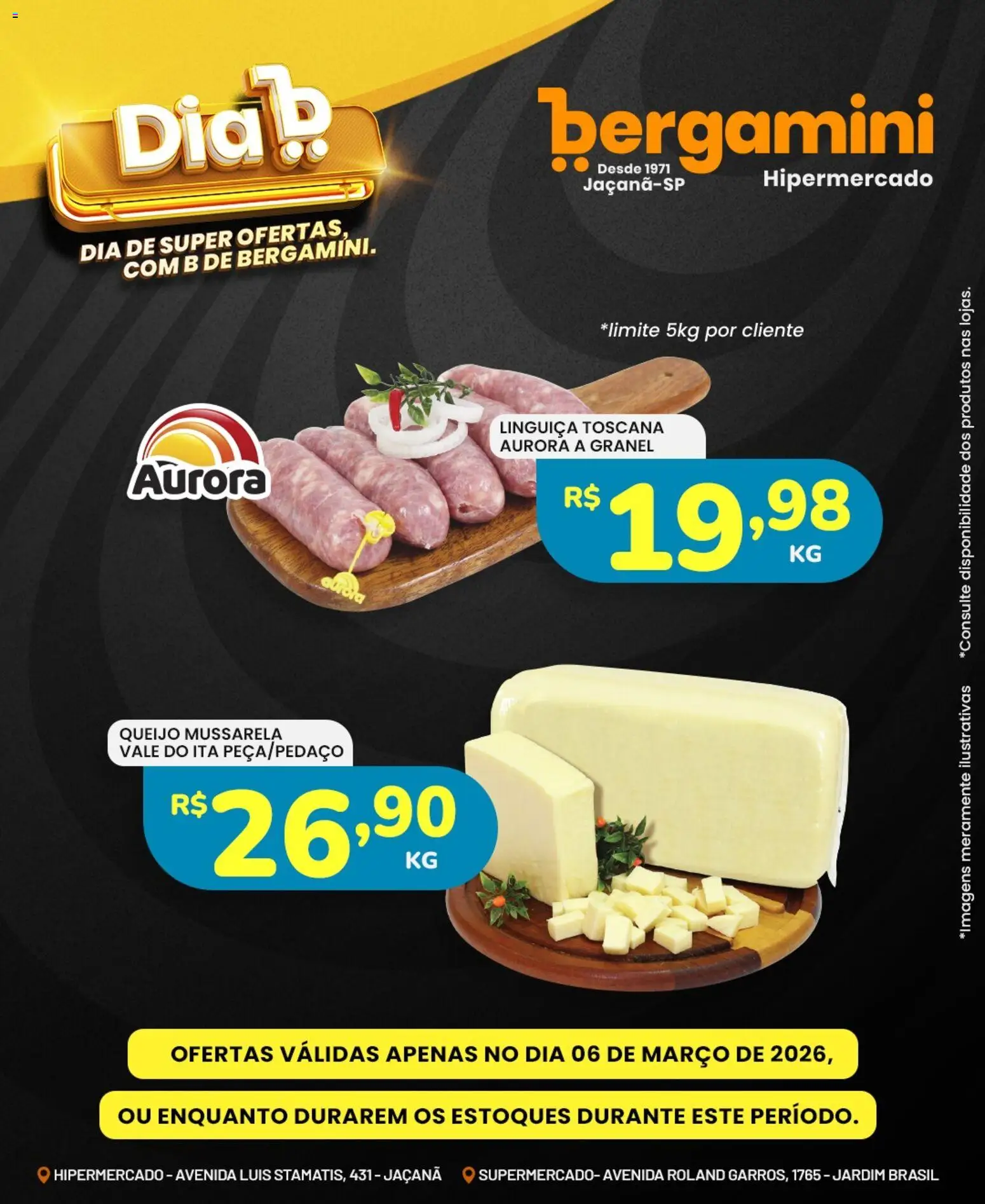 Supermercado Bergamini Folheto - válido de 06.03.2026 | Página: 6 | Produtos: Linguiça, Queijo, Mussarela