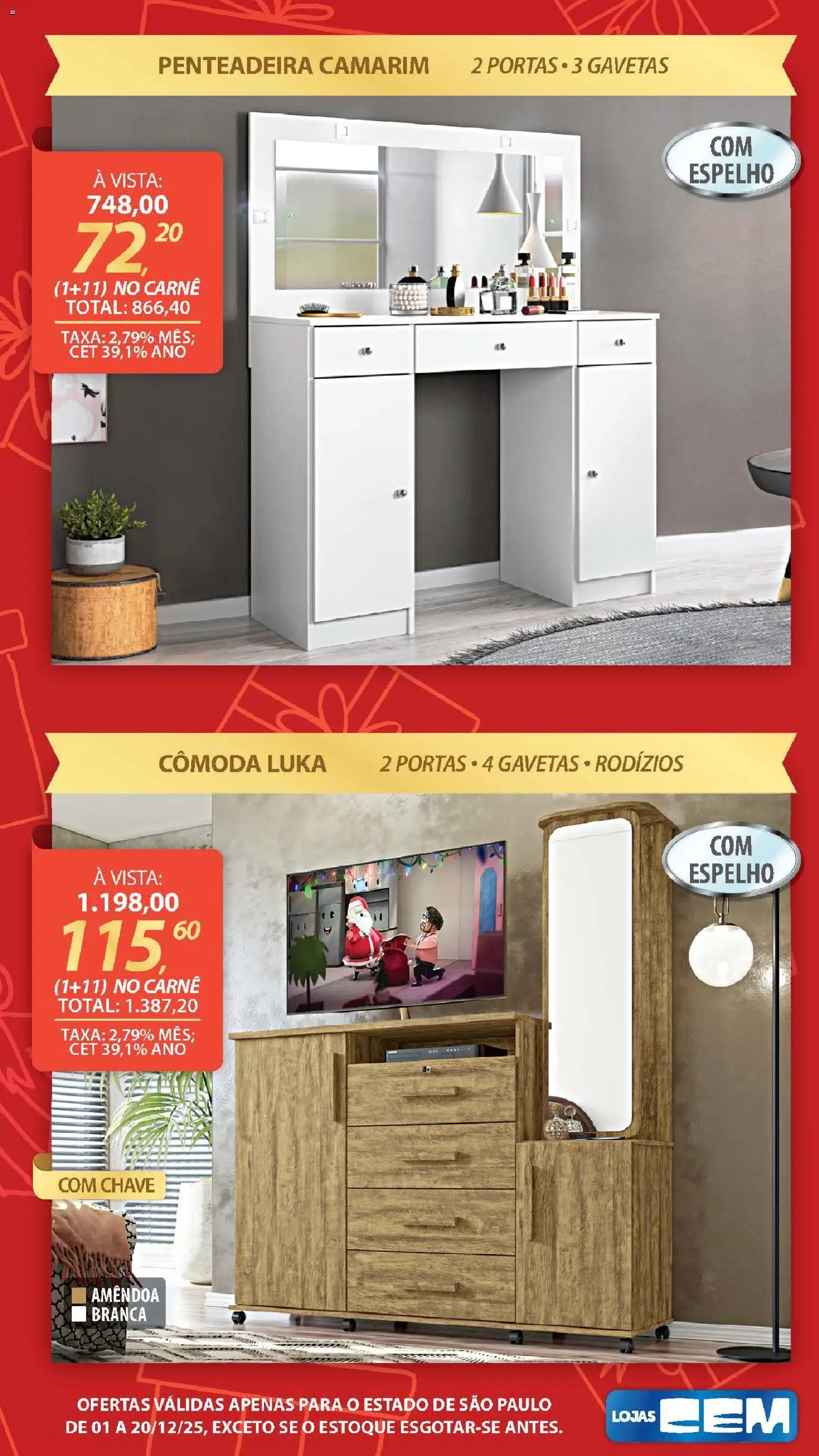 Lojas Cem Folheto - válido de 01.12.2025 | Página: 106 | Produtos: Penteadeira, Cômoda, Espelho, Carne
