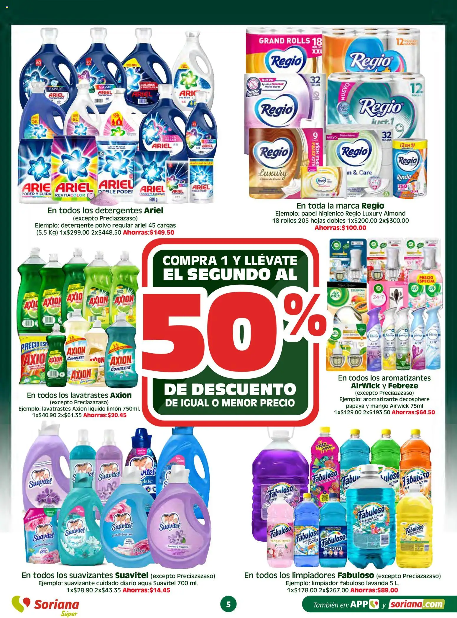 Nuevas ofertas de Soriana válidas en toda la República Mexicana desde el 26.03.2026. ¡Encuentra las mejores ofertas en Soriana En vacaciones apoyamos con todo - Súper! | Página: 5 | Productos: Detergente, Limón, Suavizante, Papel higiénico