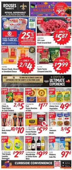 Preview of Rouses weekly ads valid from 22.10.2025 | Page: 2 | Products: Coffee, Beef, Detergent, Salad