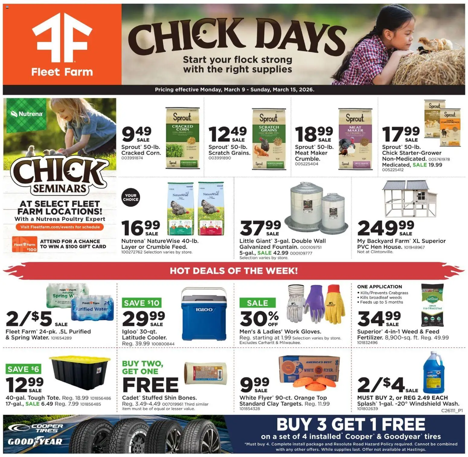 Mills Fleet Farm Weekly Ad - valid from 09.03.2026 | Page: 1 | Products: Corn, Windshield, Water, Poultry