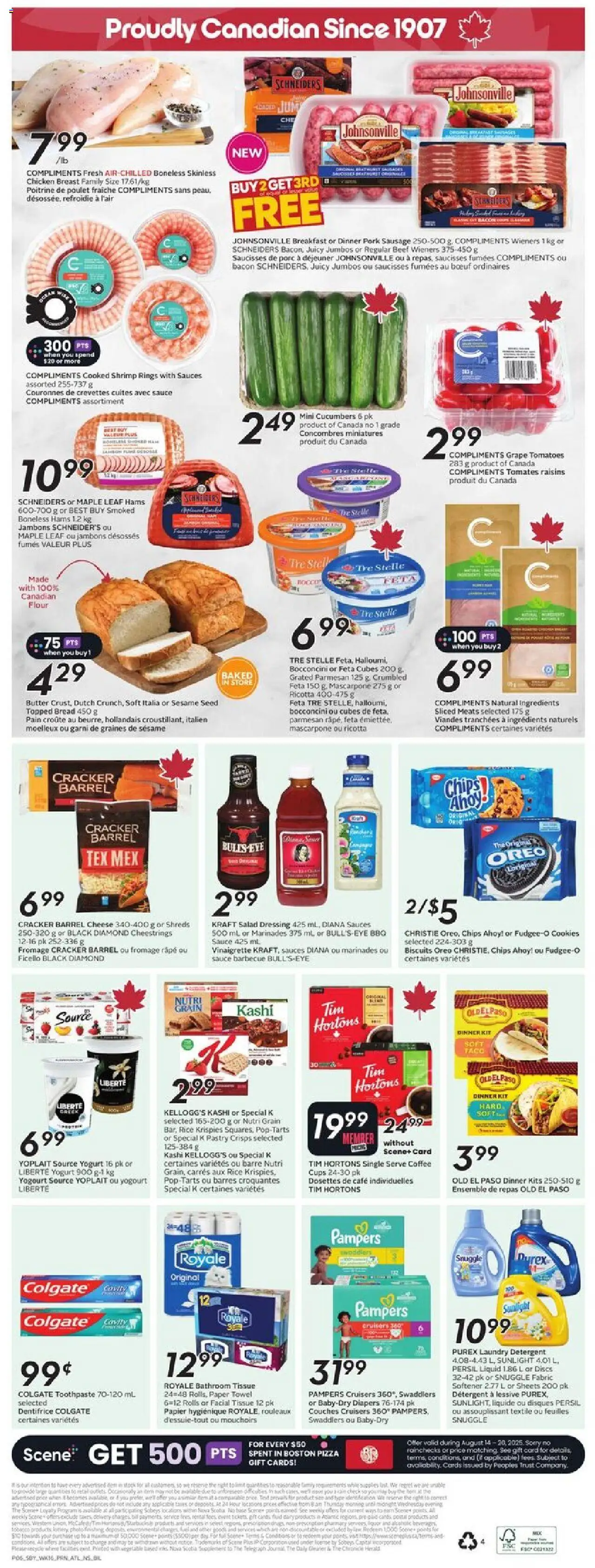 Sobeys flyer valid from 14.08.2025 | Page: 4 | Products: Chips, Cucumbers, Coffee, Chicken