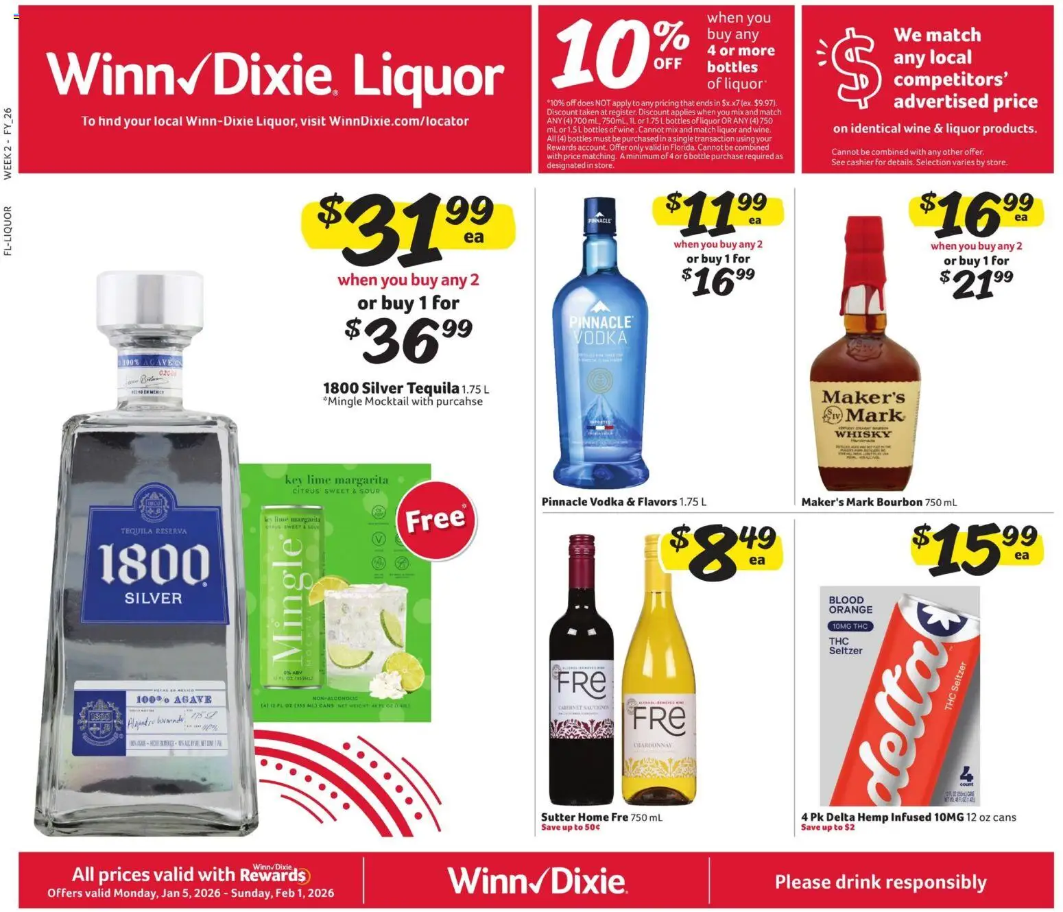 Winn Dixie Alcohol Flyer - valid from 05.01.2026 | Page: 1 | Products: Wine, Bourbon, Vodka, Weight