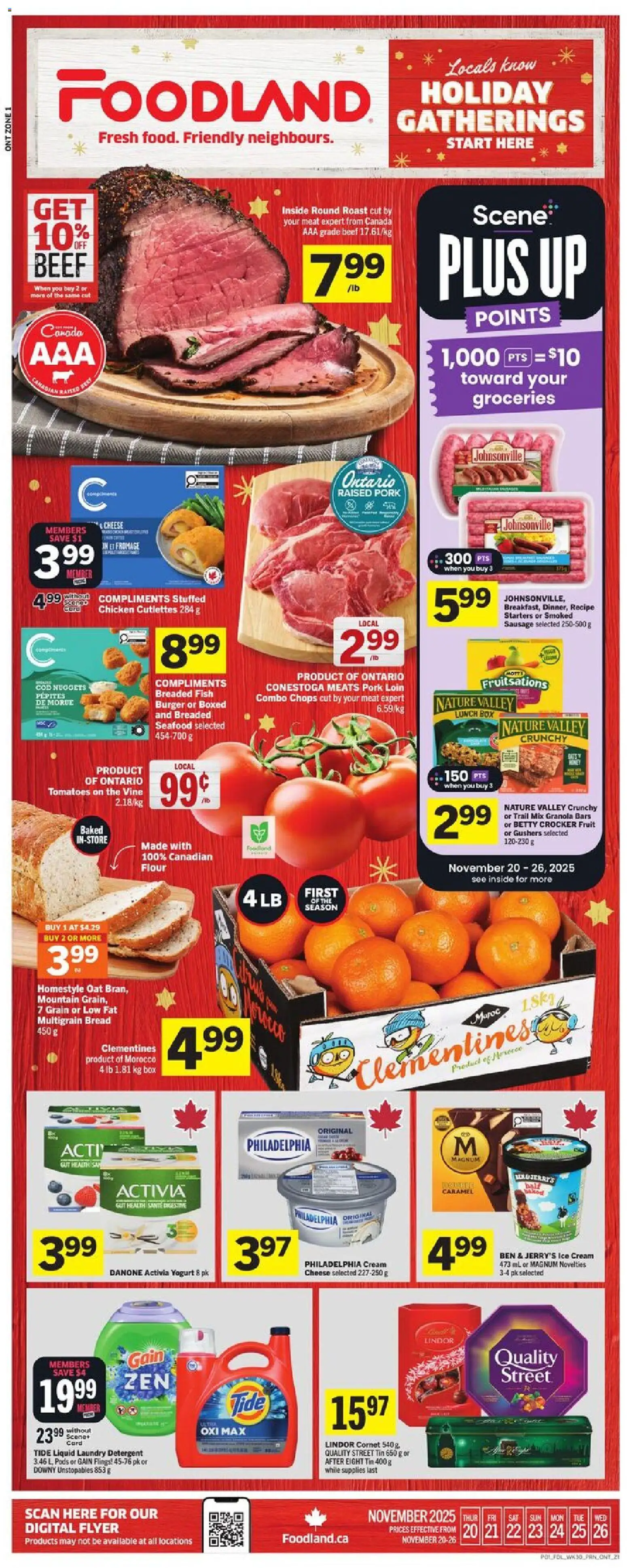 Foodland flyer valid from 20.11.2025 | Page: 1 | Products: Fish, Cream, Detergent, Chicken