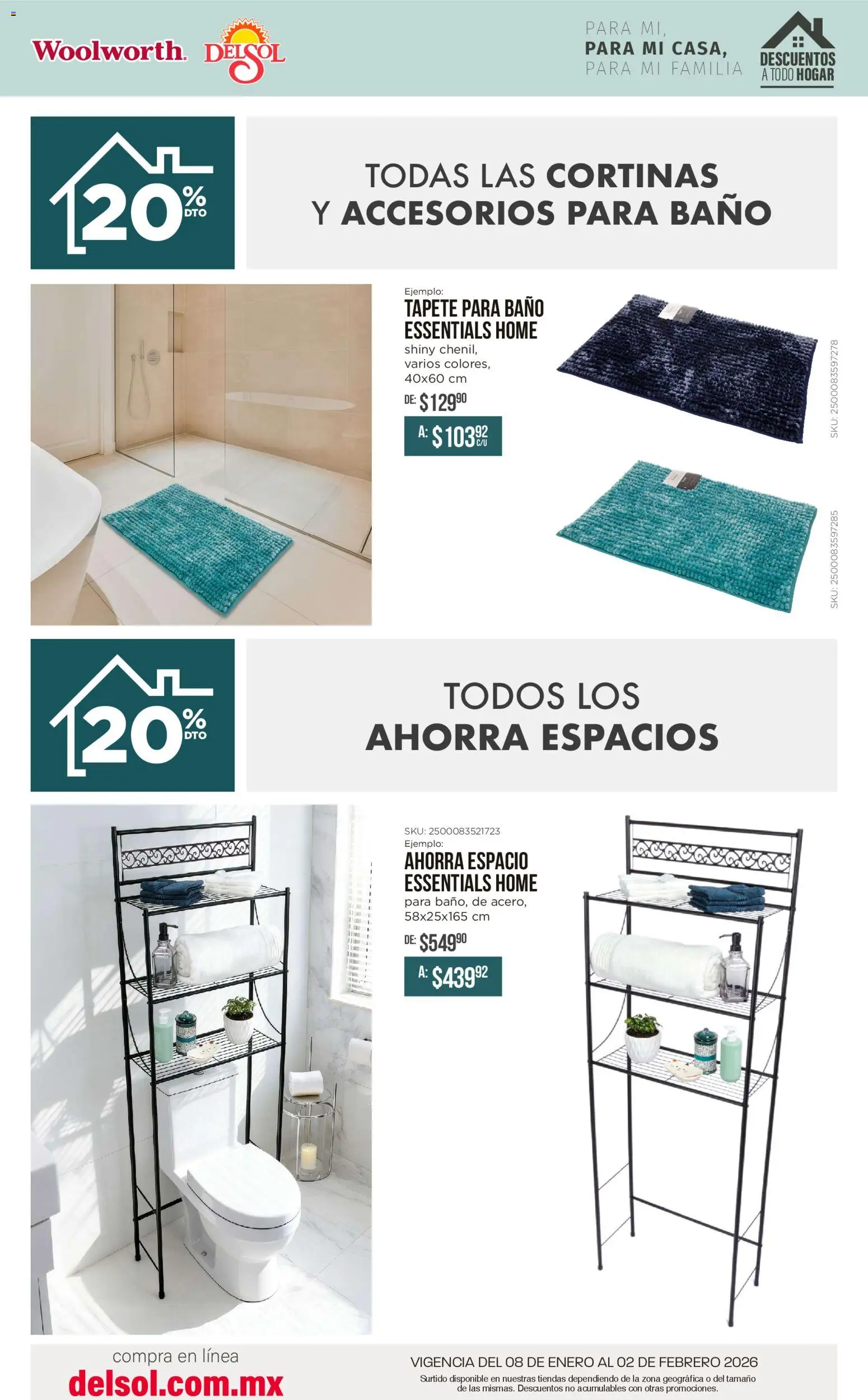 Nuevas ofertas de Del Sol y Woolworth válidas en toda la República Mexicana desde el 08.01.2026. ¡Encuentra las mejores ofertas en Del Sol y Woolworth catálogo Para mí, para mi casa, para mi familia! | Página: 27 | Productos: Cortinas, Baño, Tapete