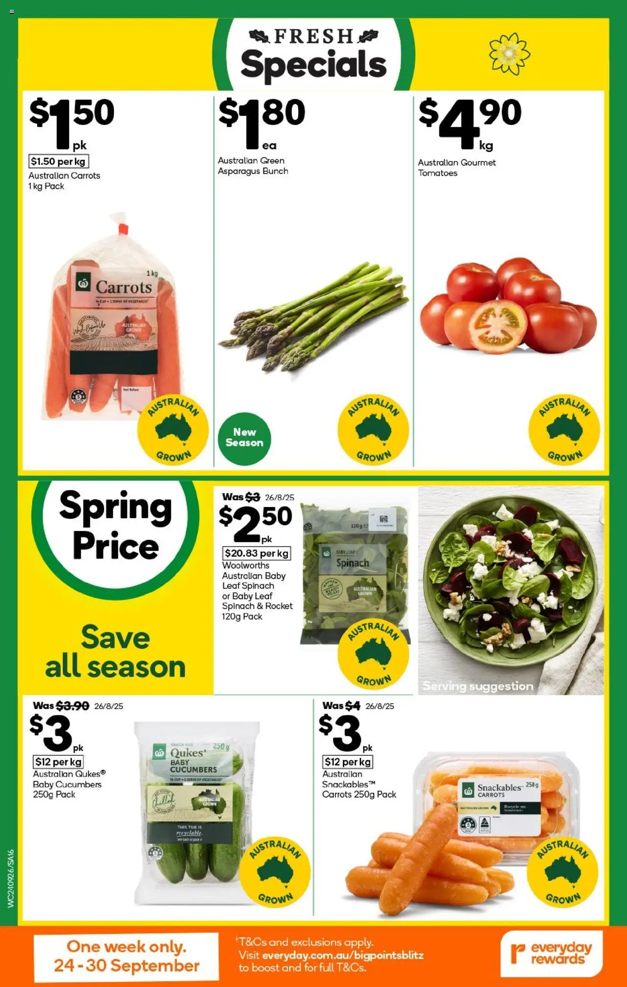 Woolworths catalogue - valid from 24.09.2025 | Page: 16 | Products: Tomatoes, Cucumbers, Rocket, Spinach