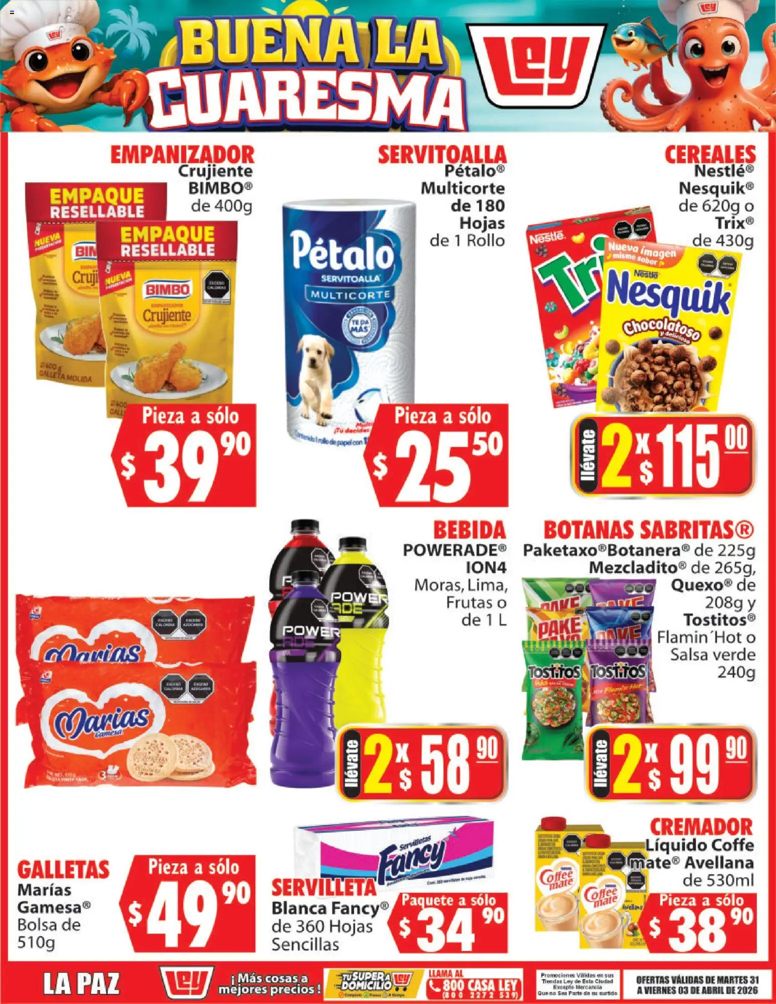 Nuevas ofertas de Casa Ley válidas en toda la República Mexicana desde el 31.03.2026. ¡Encuentra las mejores ofertas en Casa Ley folleto Buena la Cuaresma! | Página: 4 | Productos: Bolsa, Cereales, Galletas, Servilletas