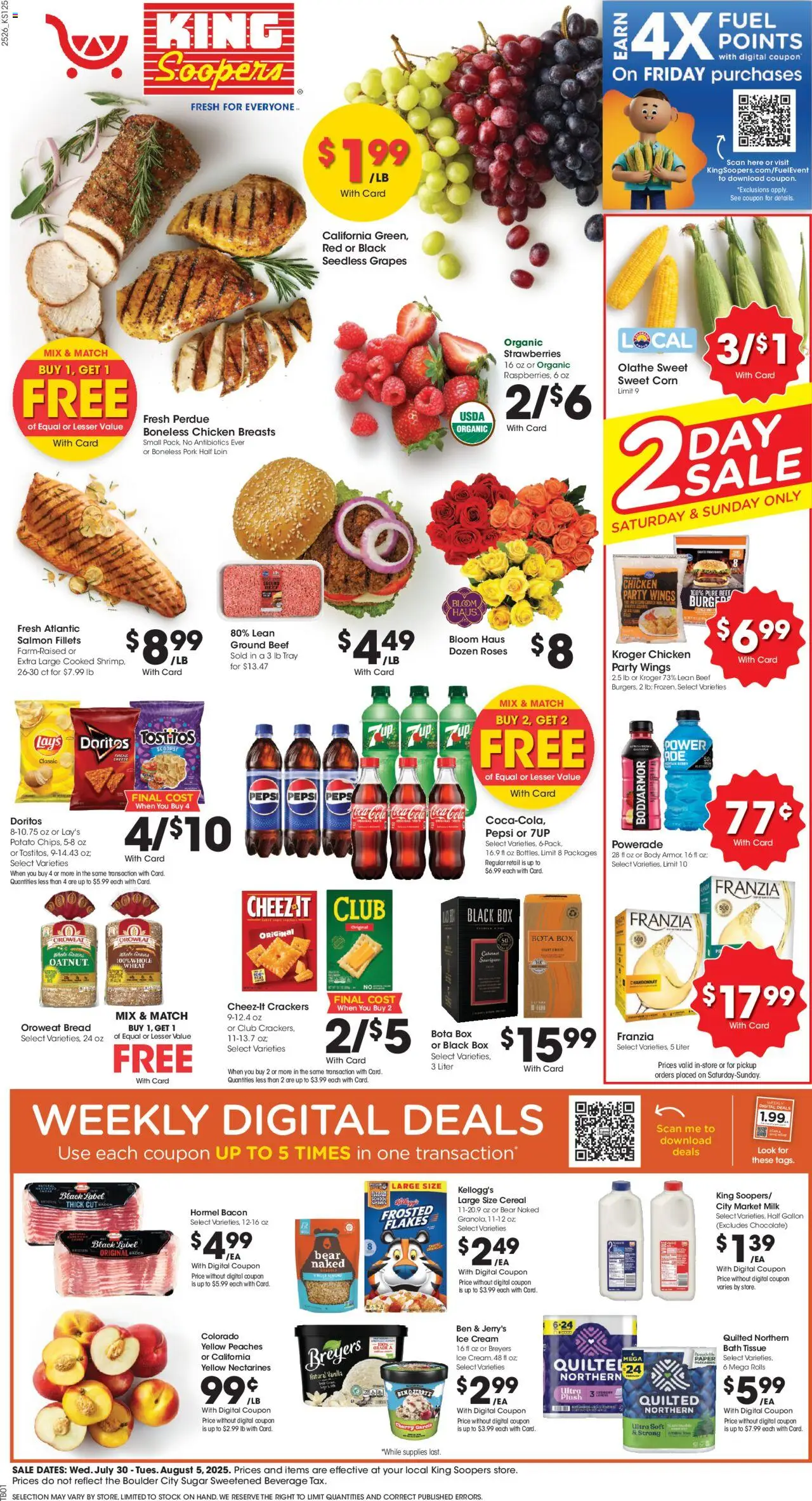 King Soopers Weekly Ad - valid from 30.07.2025 | Page: 1 | Products: Corn, Bath, Beef, Sugar