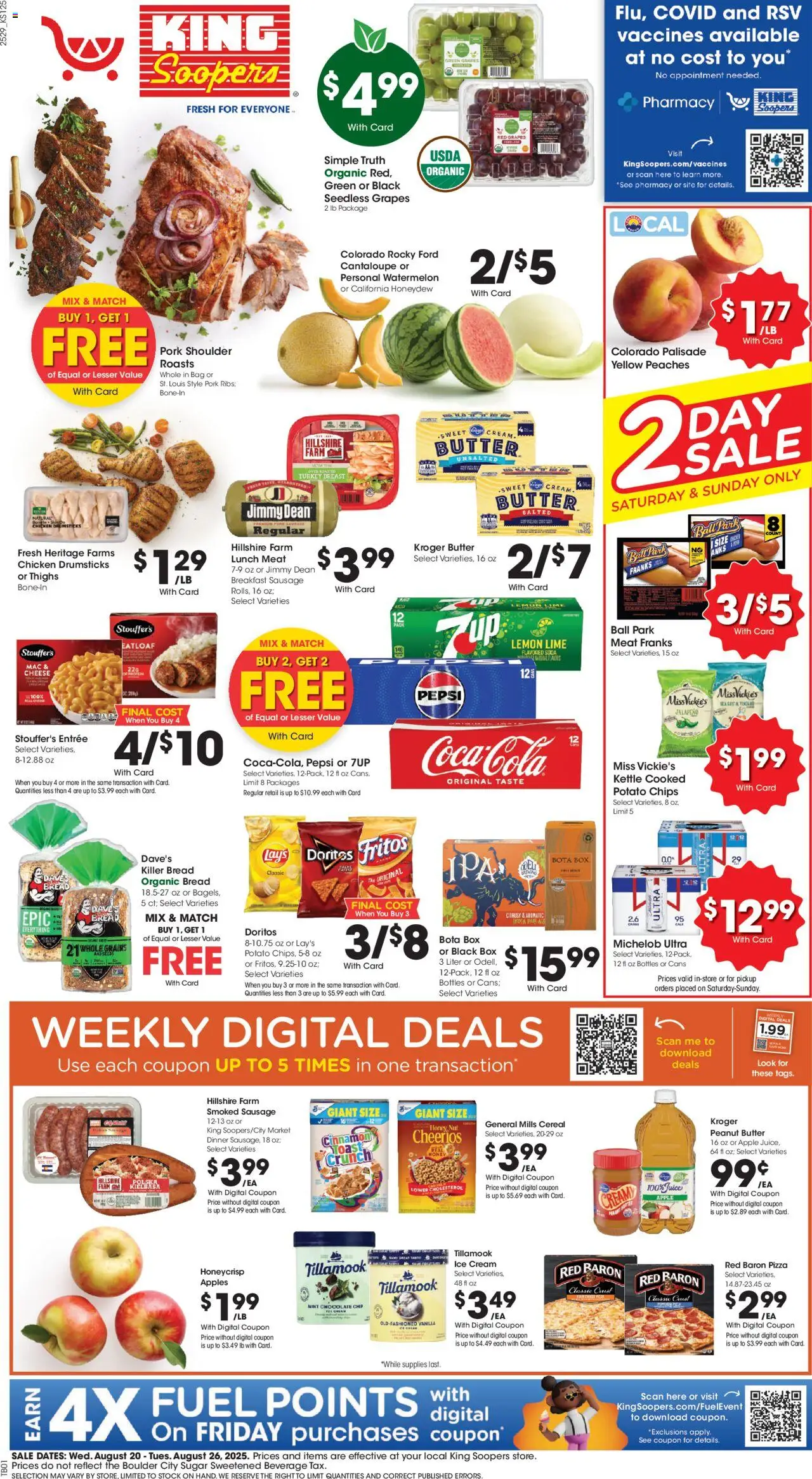 King Soopers Weekly Ad - valid from 20.08.2025 | Page: 1 | Products: Pizza, Apples, Chips, Lime