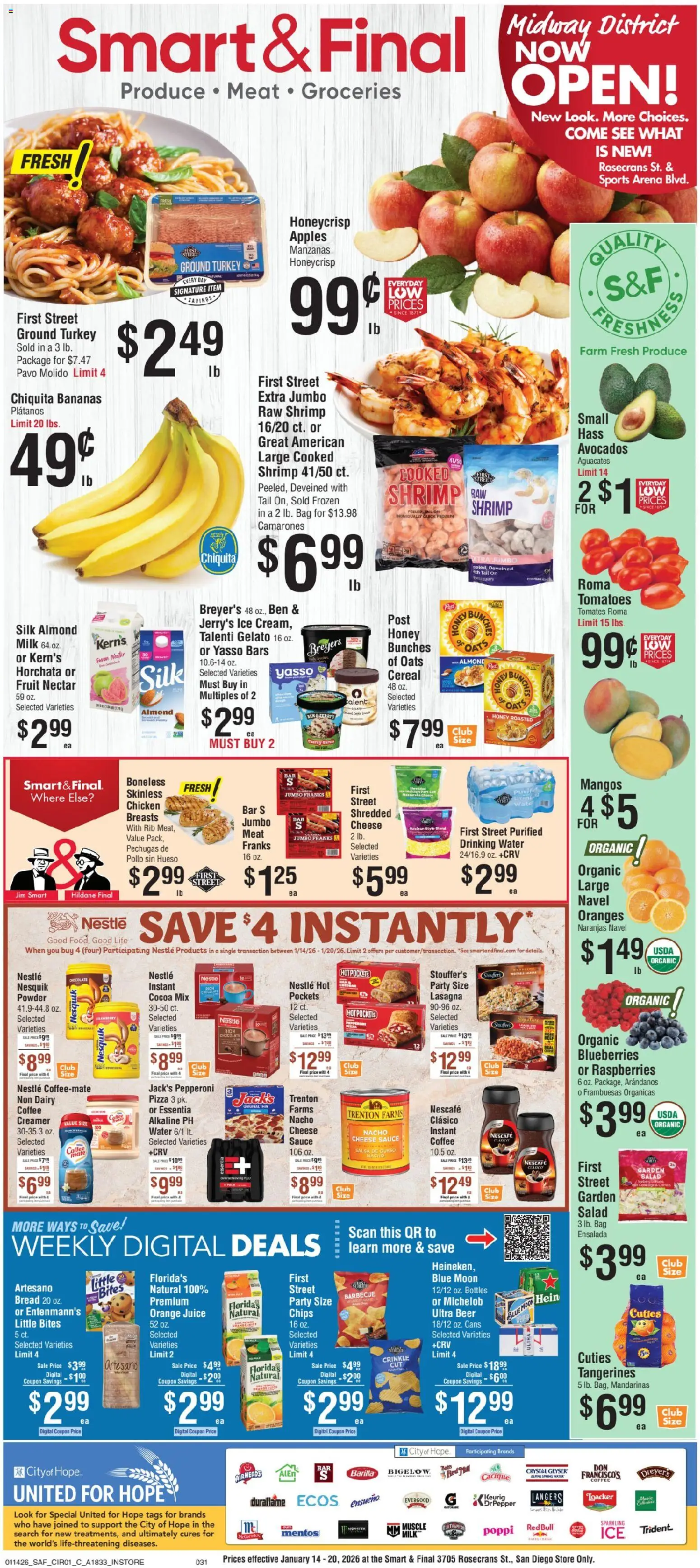 Smart & Final Grand Opening - valid from 14.01.2026 | Page: 1 | Products: Cheese, Bread, Pizza, Tomatoes