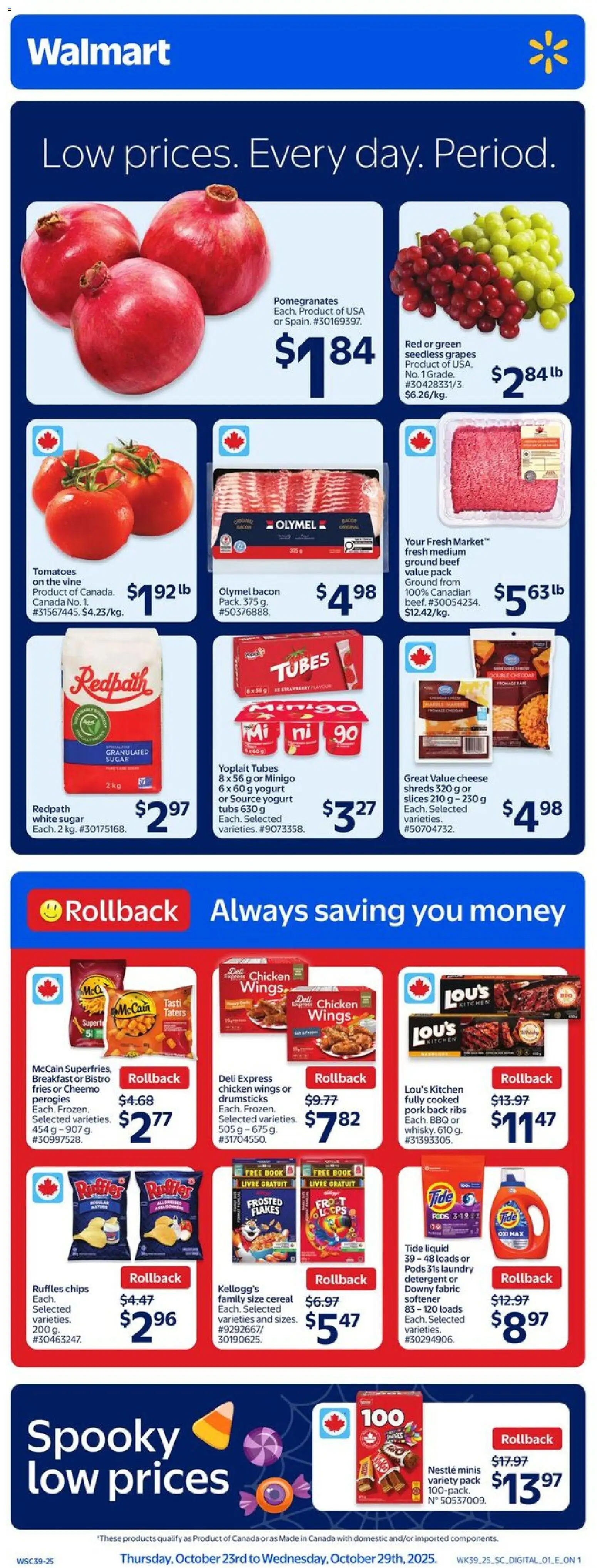 Walmart flyer valid from 23.10.2025 | Page: 1 | Products: Chips, Flakes, Chicken, Tomatoes