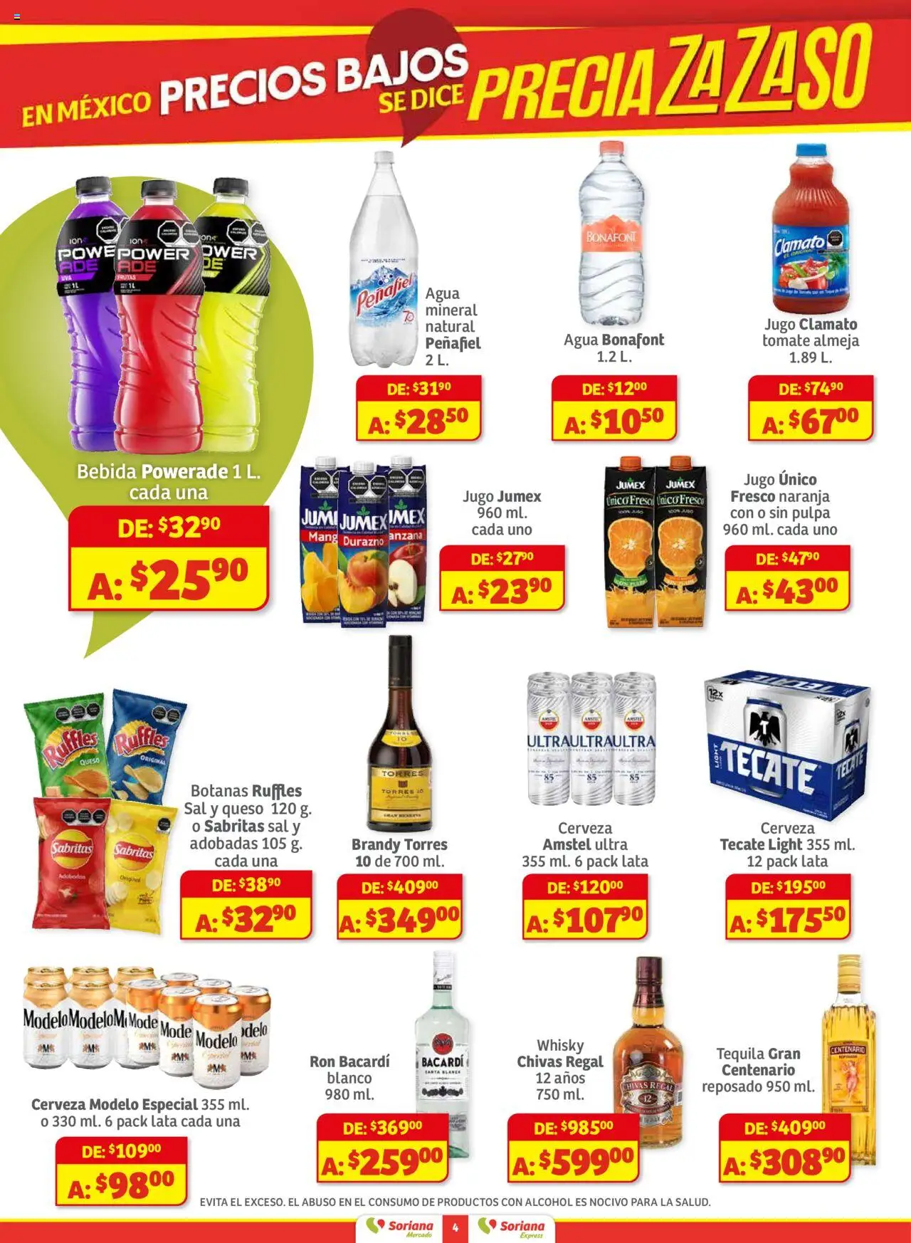 Nuevas ofertas de Soriana válidas en toda la República Mexicana desde el 01.08.2025. ¡Encuentra las mejores ofertas en Soriana - Preciazazaso Mercado:Edo Mex, Guerr, Hgo, Mor, Pue, Qto, Tlax, Ver! | Página: 4 | Productos: Durazno, Sal, Agua, Tequila