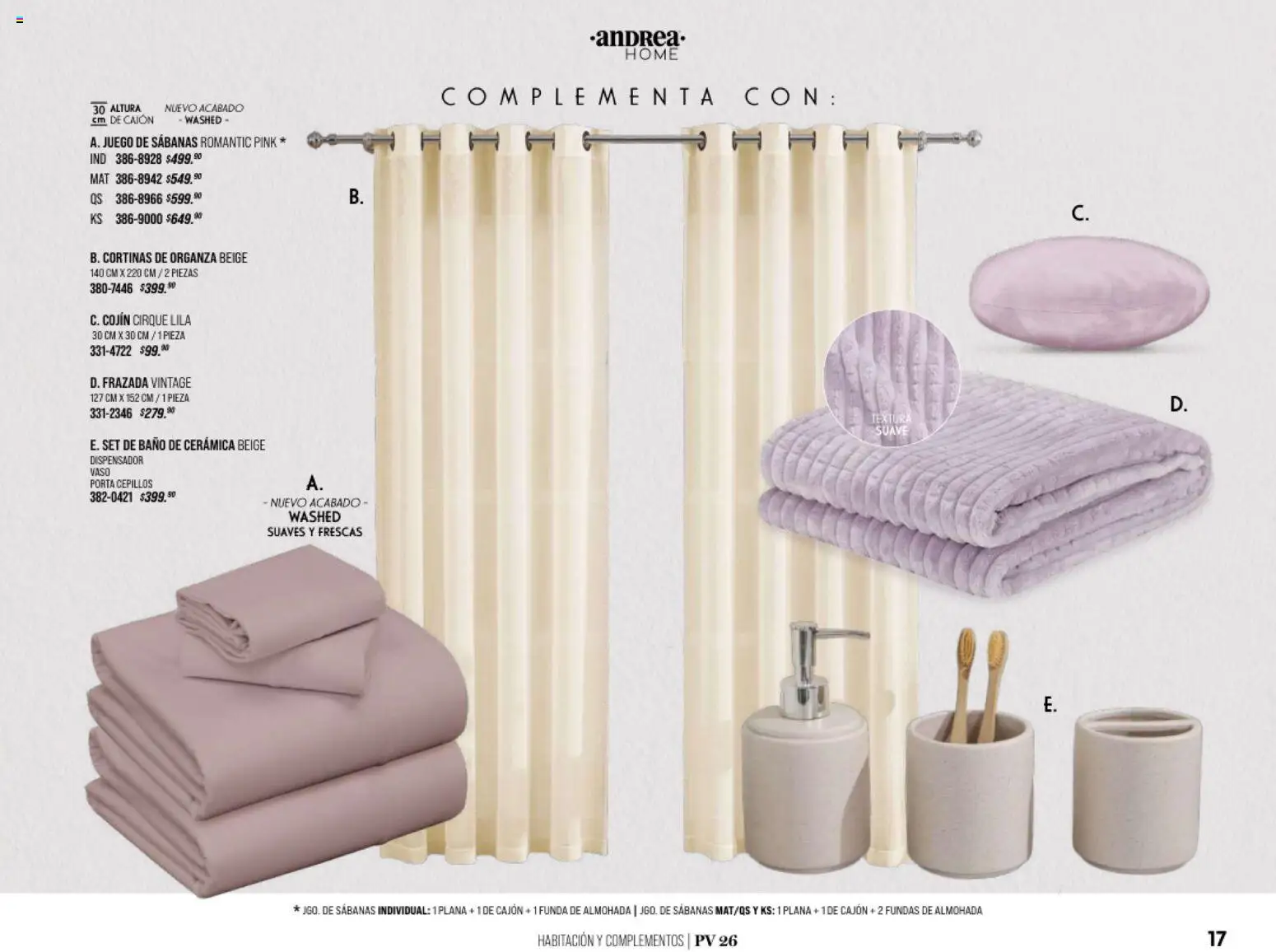 Nuevas ofertas de Andrea válidas en toda la República Mexicana desde el 25.01.2026. ¡Encuentra las mejores ofertas en Andrea catálogo Home! | Página: 17 | Productos: Funda de almohada, Almohada, Cortinas, Baño