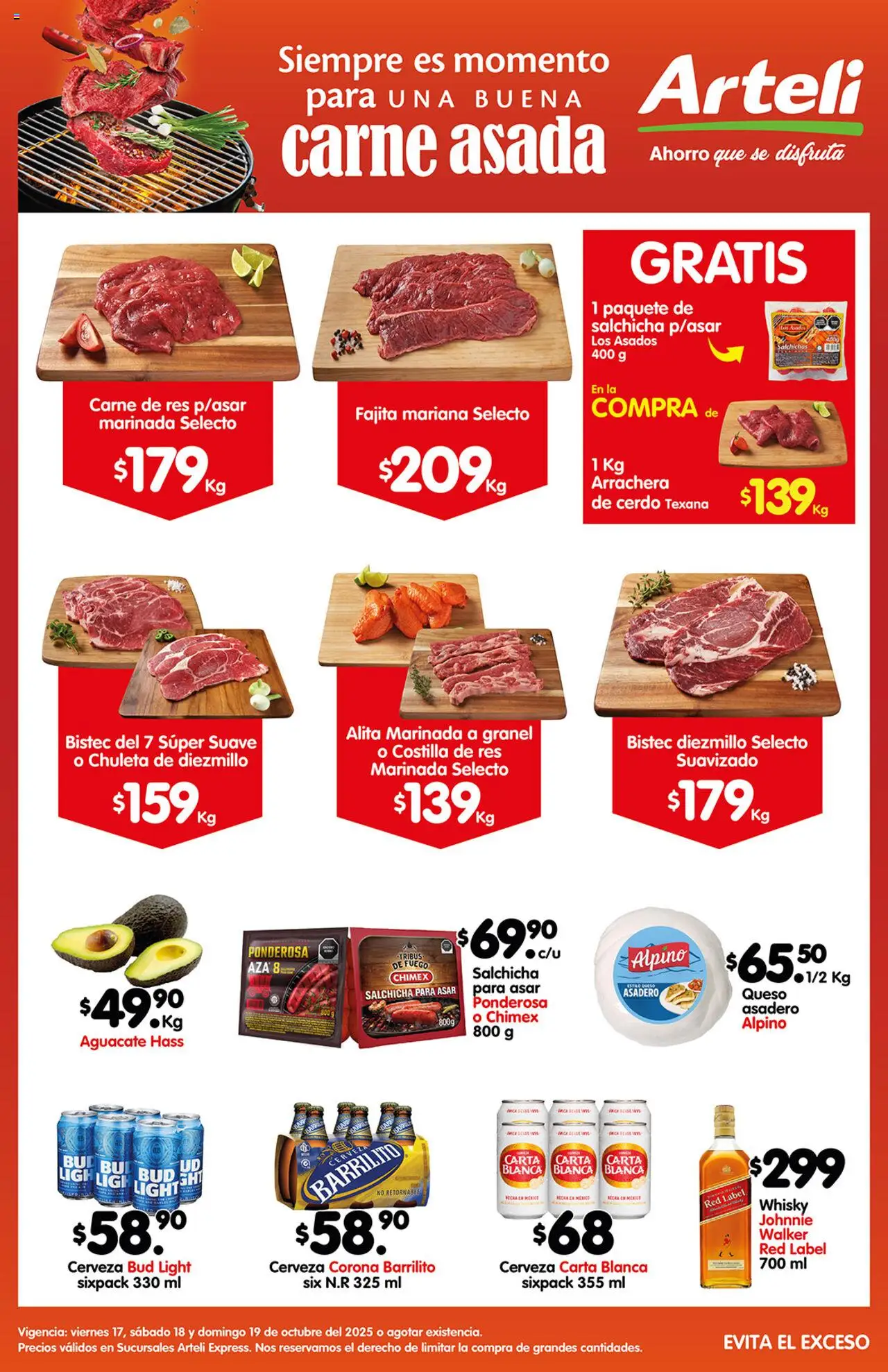 Nuevas ofertas de Arteli válidas en toda la República Mexicana desde el 17.10.2025. ¡Encuentra las mejores ofertas en Arteli folleto Carnes Suc. Arteli Express! | Página: 1 | Productos: Salchicha, Queso, Res, Whisky