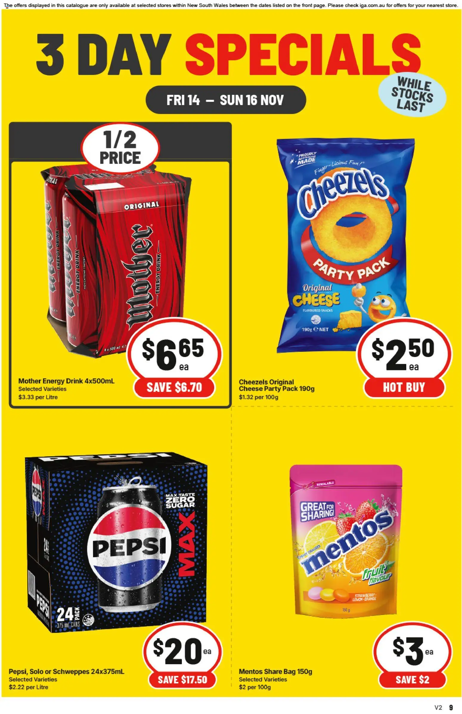 IGA catalogue - valid from 14.11.2025 | Page: 2 | Products: Cheese, Energy drink, Pepsi, Bag