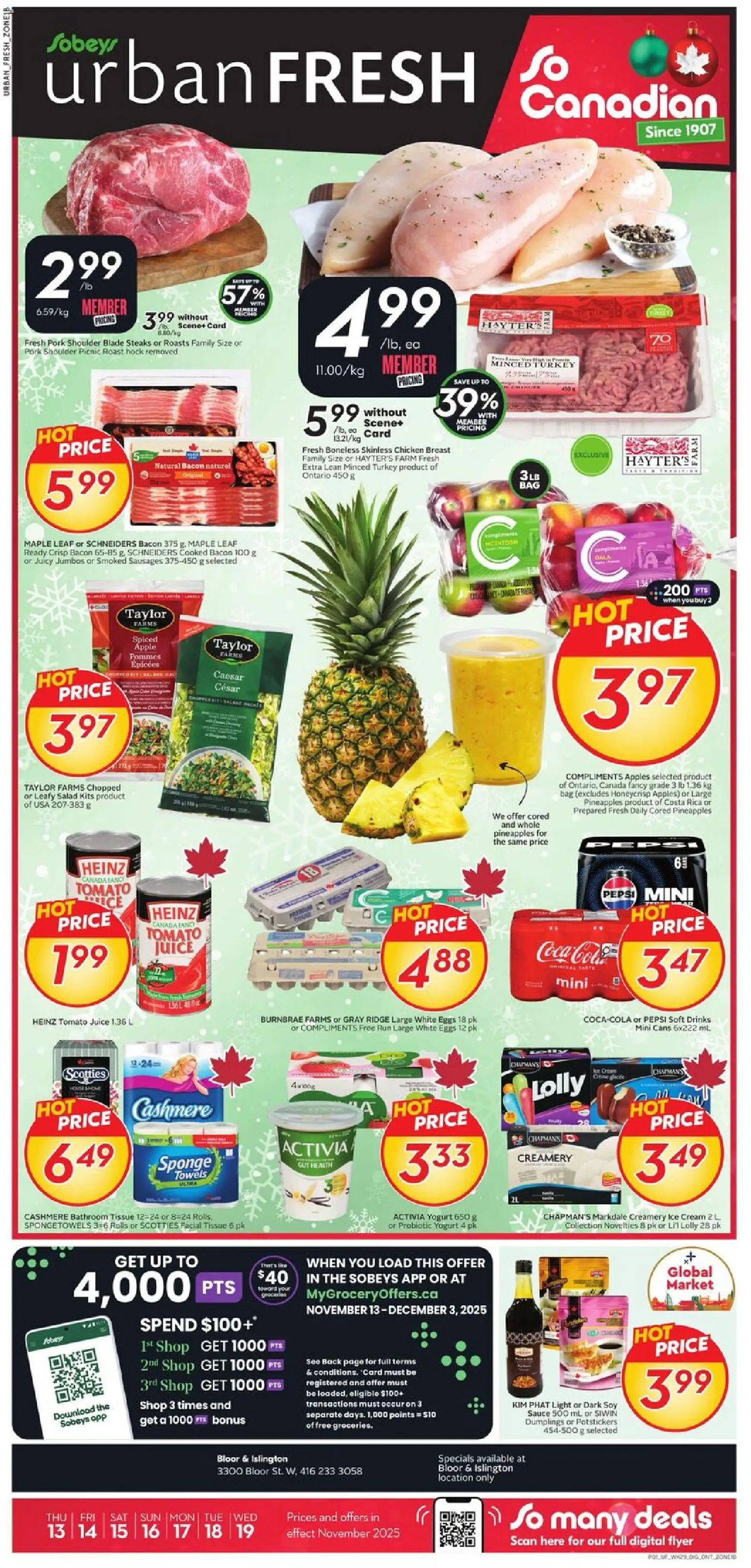 Sobeys flyer valid from 13.11.2025 | Page: 1 | Products: Salad, Ridge, Pork, Apples