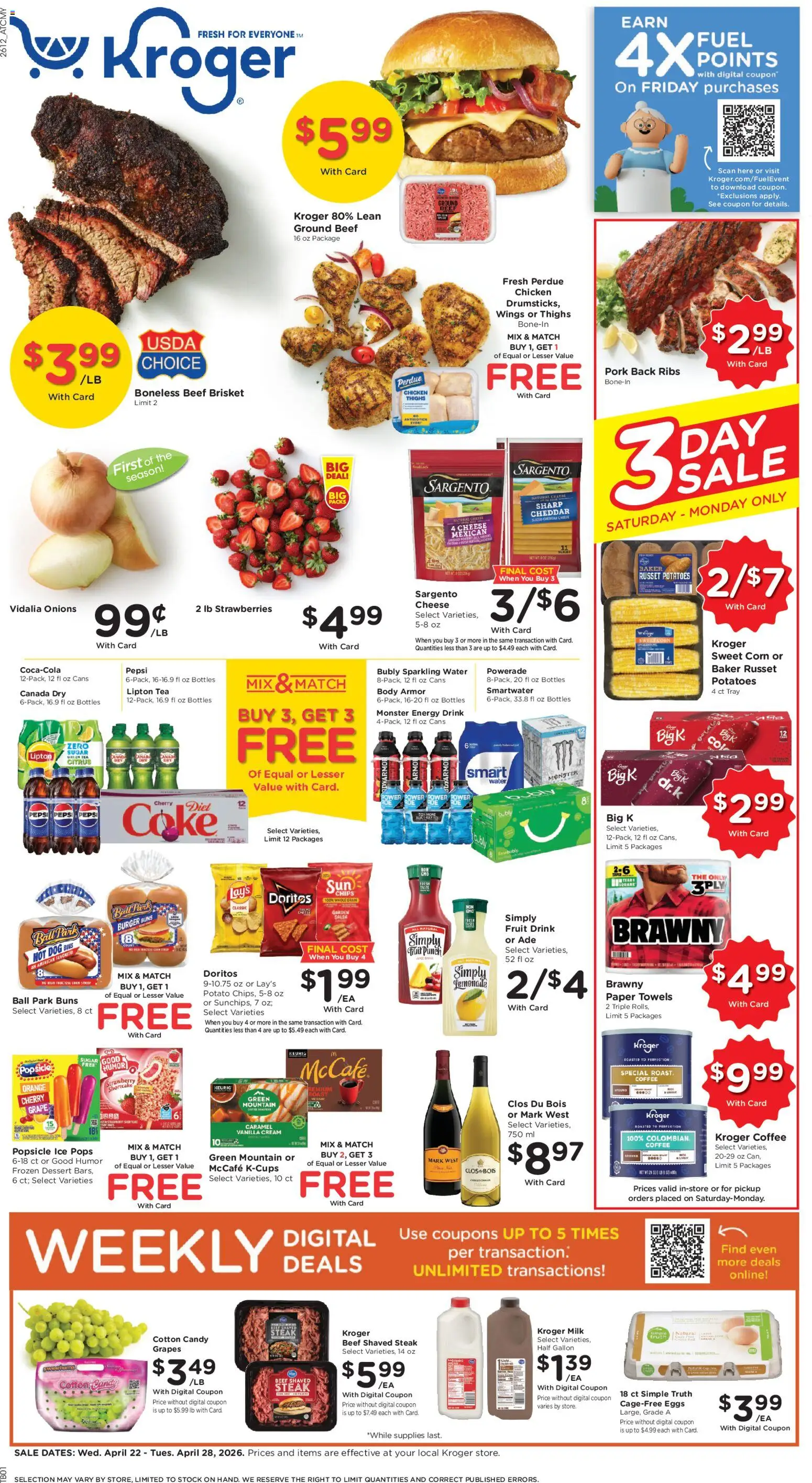 Kroger Weekly Ad - valid from 22.04.2026 | Page: 1 | Products: Eggs, Coffee, Pork, Strawberries