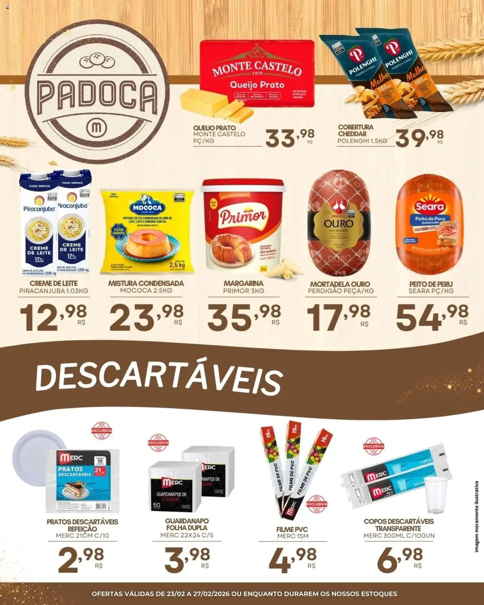 Mercadão Atacadista Folheto - válido de 23.02.2026 | Página: 2 | Produtos: Queijo, Copos descartáveis, Mortadela, Peito de peru