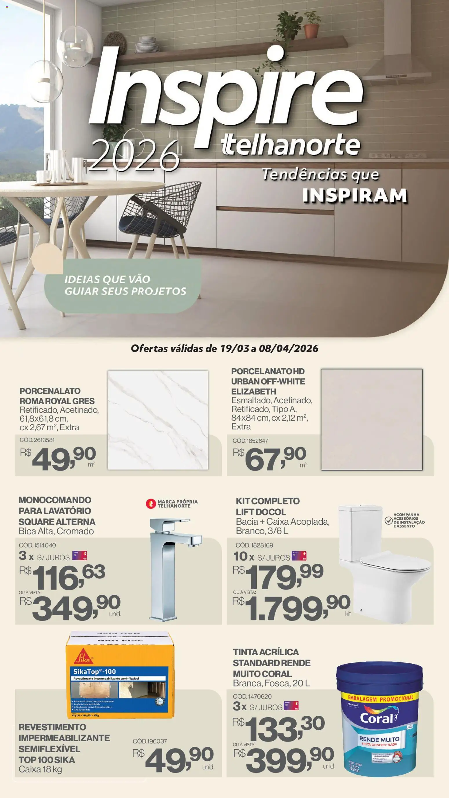 Telhanorte - Ofertas atuais Folheto - válido de 19.03.2026 | Página: 1 | Produtos: Impermeabilizante, Caixa, Lavatório, Tinta