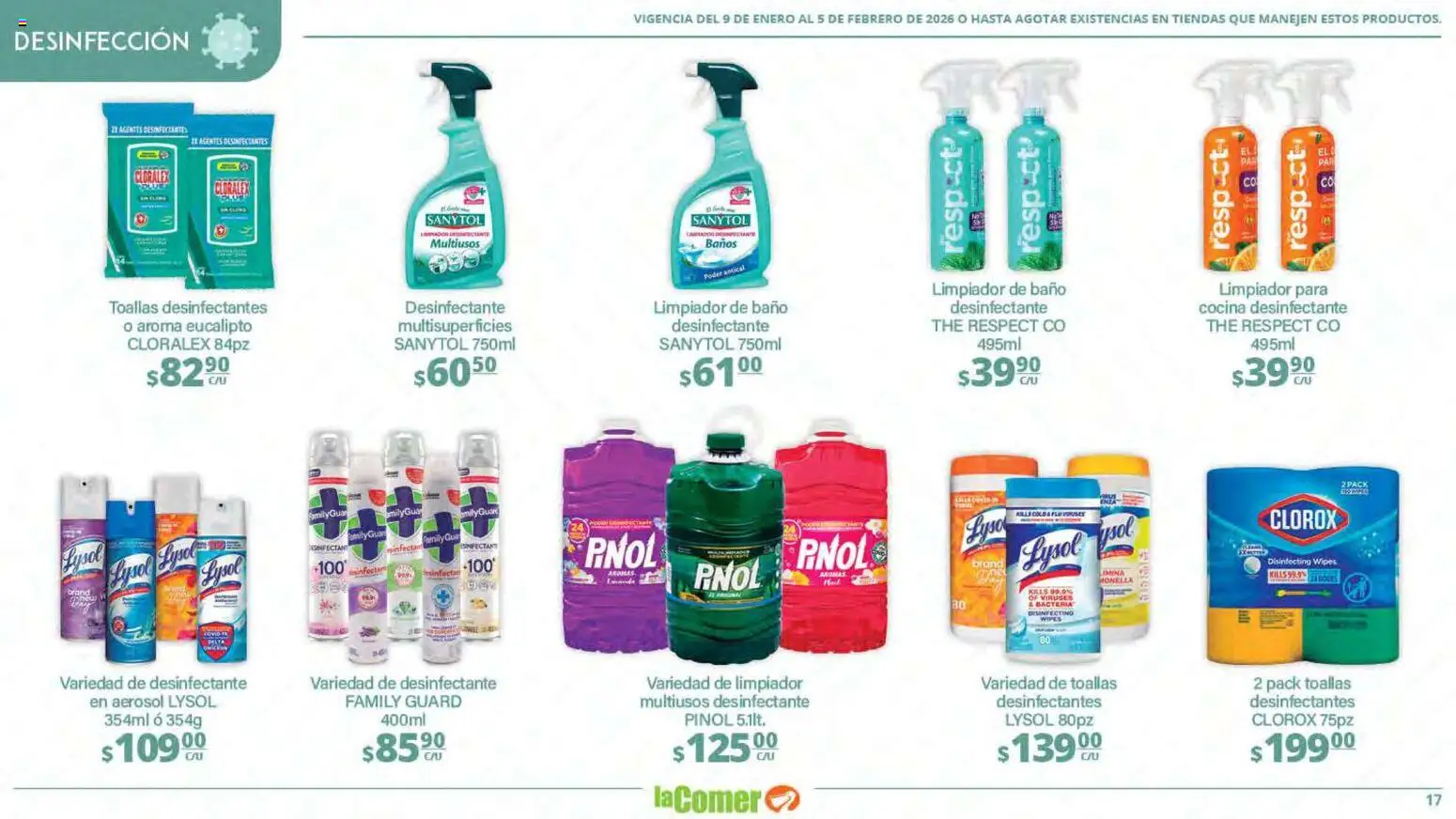 Nuevas ofertas de La Comer válidas en toda la República Mexicana desde el 09.01.2026. ¡Encuentra las mejores ofertas en La Comer folleto Limpia Desinfecta Organiza Ahorra! | Página: 17 | Productos: Desinfectante, Cocina, Toallas, Baño