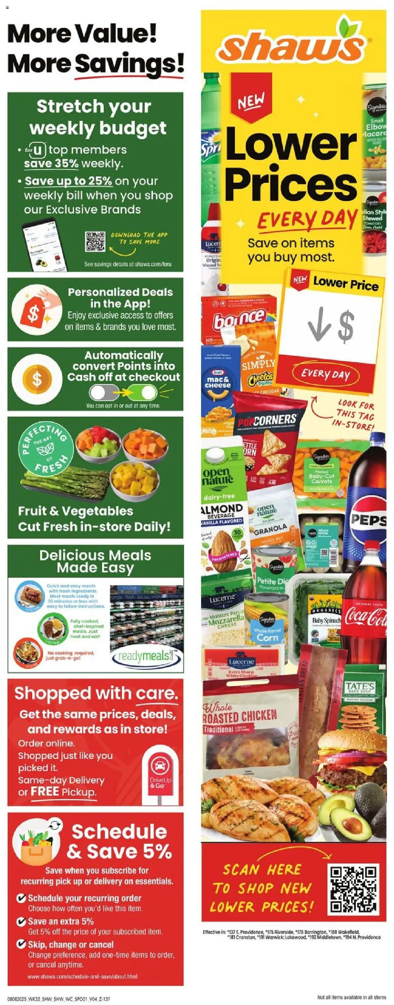 Shaw's Weekly Ad - RI - valid from 08.08.2025 | Page: 1 | Products: Corn, Spinach, Bread, Vegetables