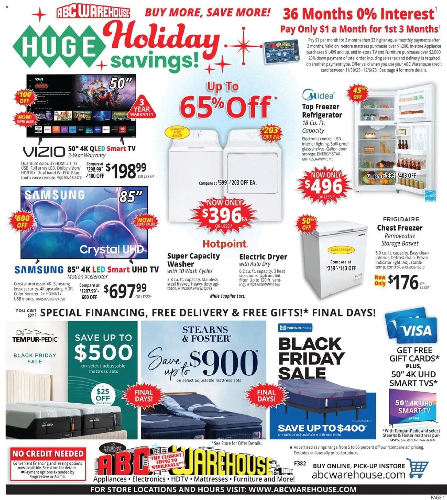 ABC Warehouse Weekly Ad - valid from 30.11.2025 | Page: 1 | Products: Basket, Usb, Refrigerator, Dryer