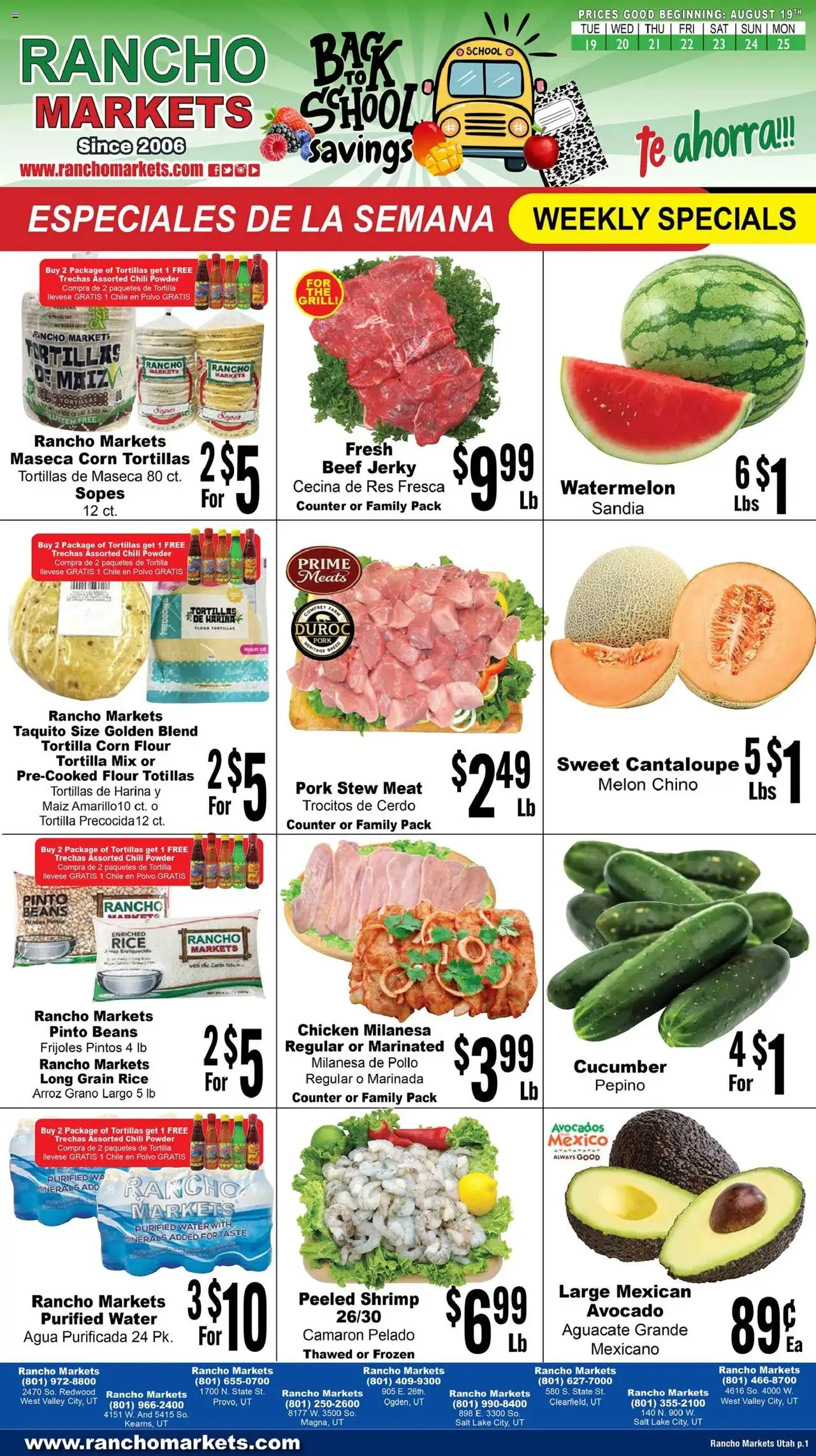 Rancho Markets Weekly Ad - valid from 19.08.2025 | Page: 1 | Products: Corn, Avocado, Water, Watermelon