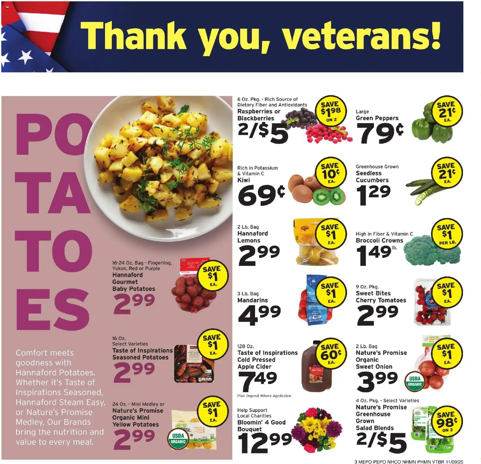 Hannaford Weekly Ad - valid from 09.11.2025 | Page: 3 | Products: Mandarins, Peppers, Crowns, Potatoes