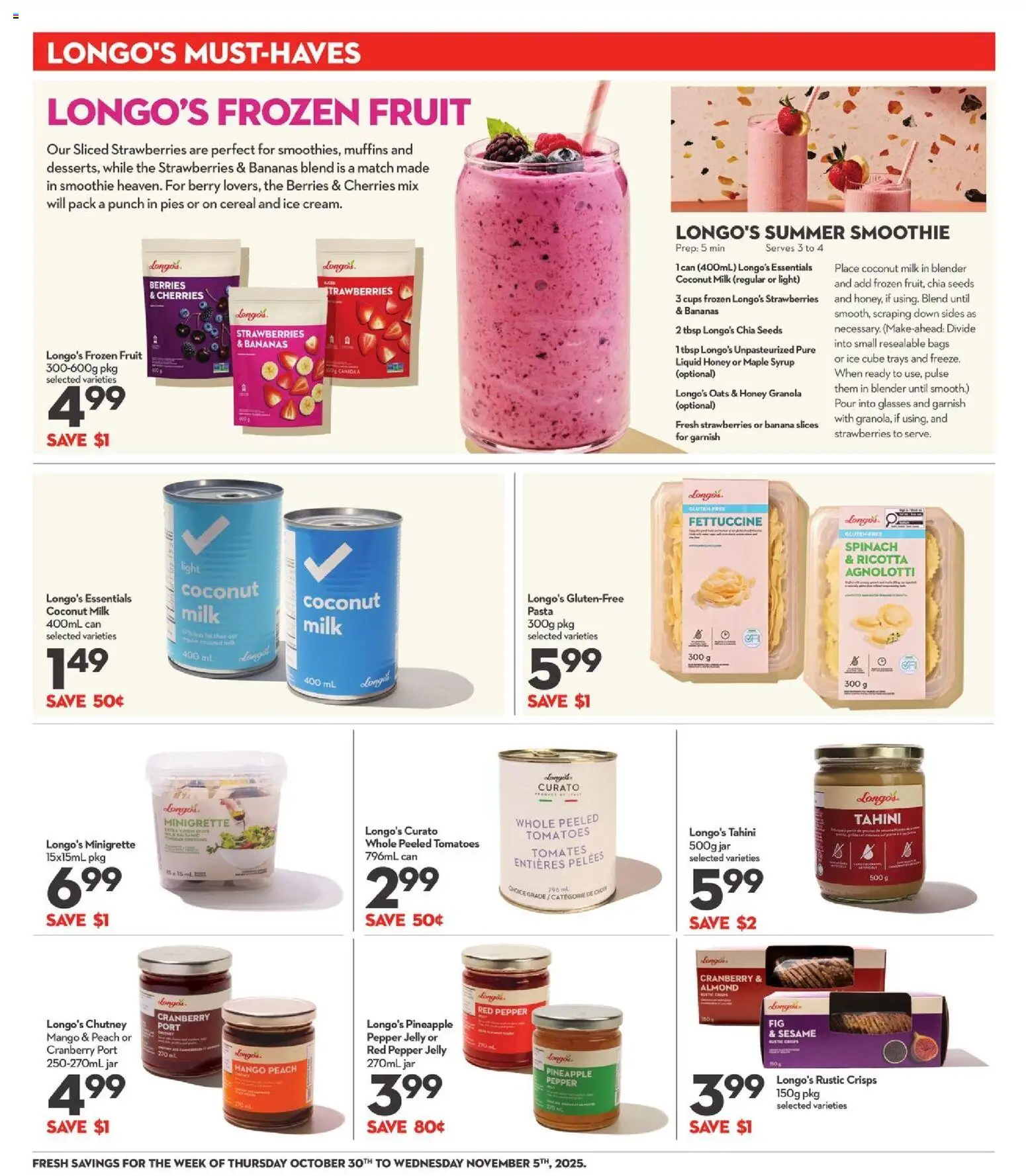 Longo's flyer valid from 30.10.2025 | Page: 13 | Products: Pineapple, Strawberries, Pasta, Bananas