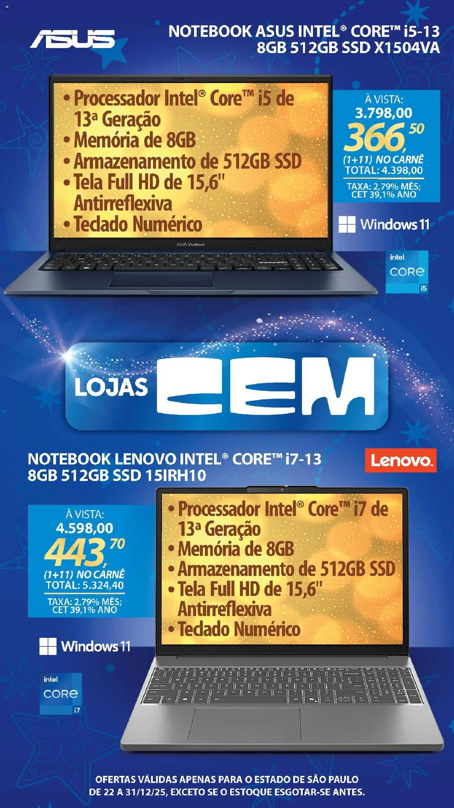 Lojas Cem Folheto - válido de 22.12.2025 | Página: 18 | Produtos: Notebook, Processador, Tela, Teclado