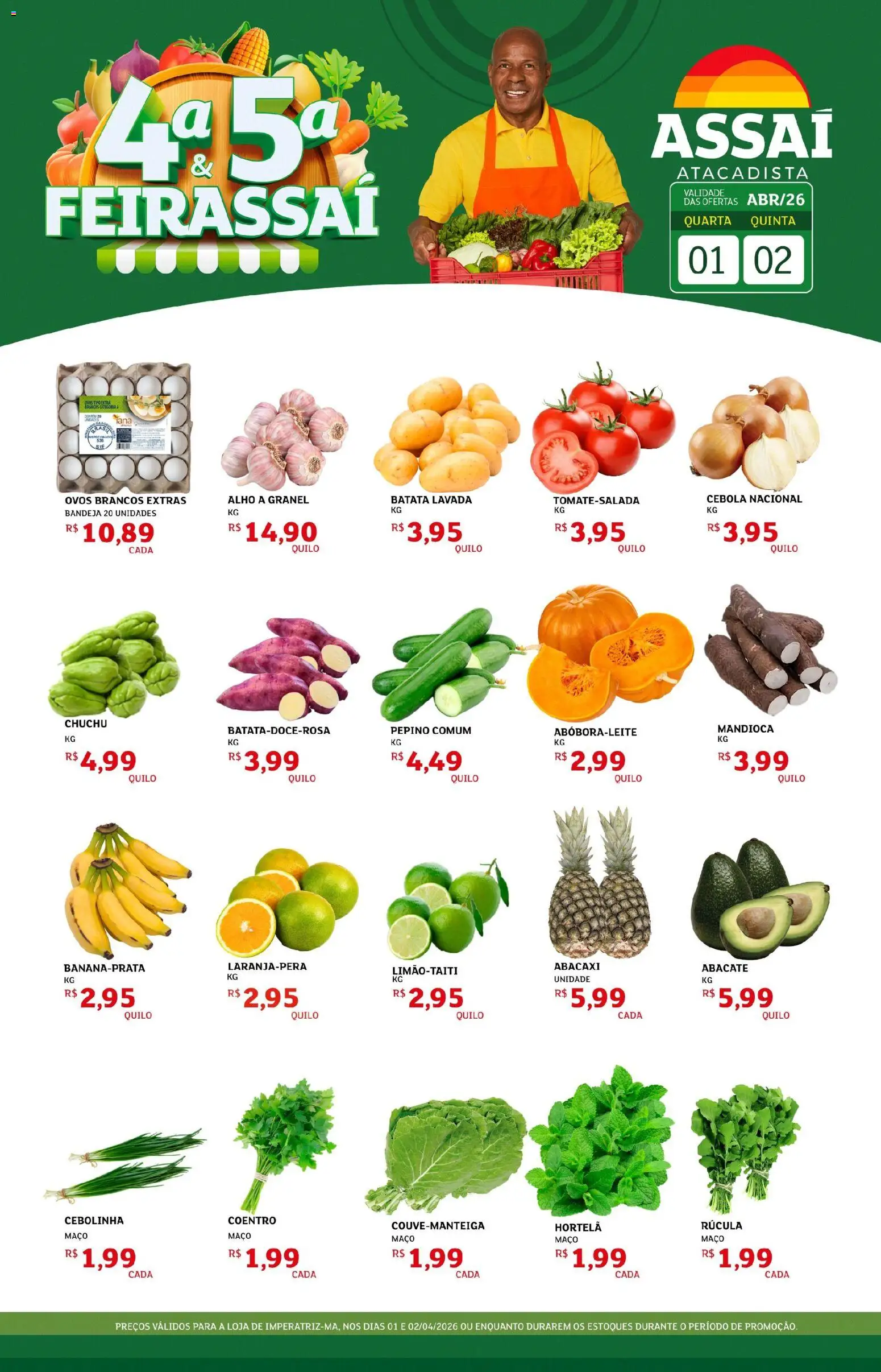 Assaí Atacadista Folheto - válido de 01.04.2026 | Página: 1 | Produtos: Chuchu, Alho, Cebola, Rúcula