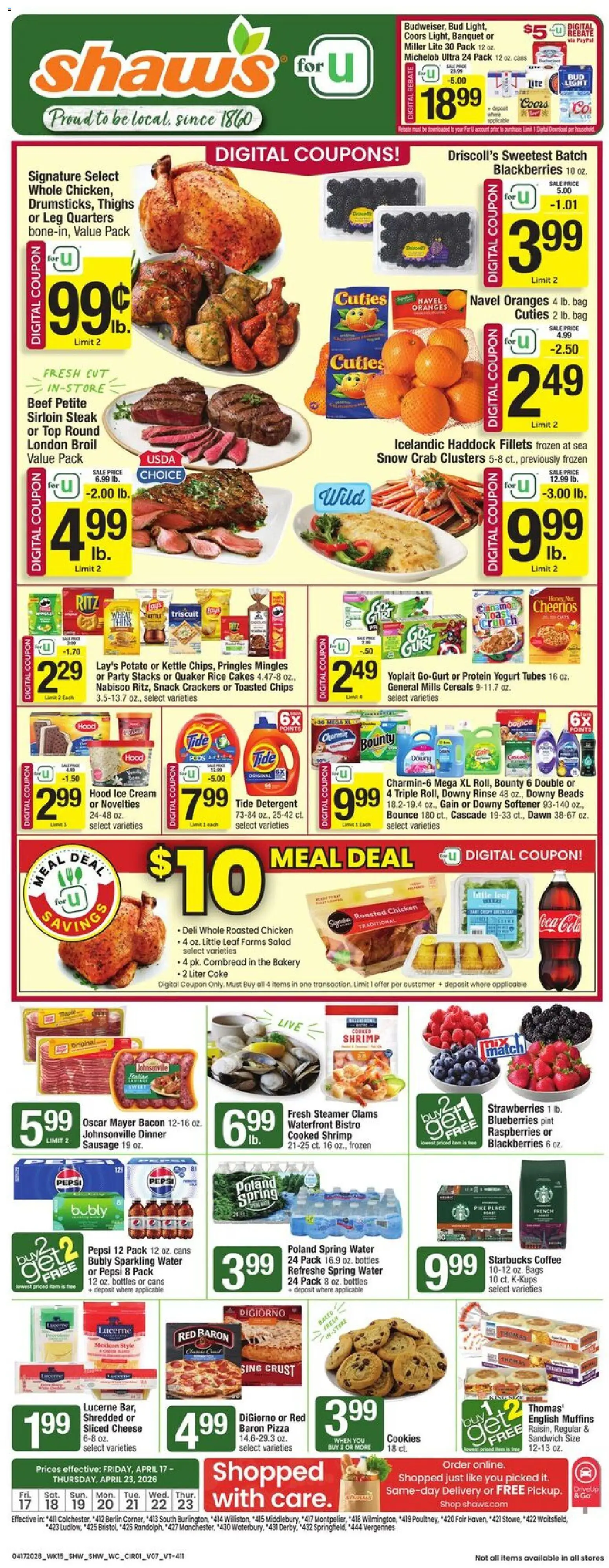 Shaw's Weekly Ad - VT - valid from 17.04.2026 | Page: 1 | Products: Rice, Beef, Chips, Blueberries