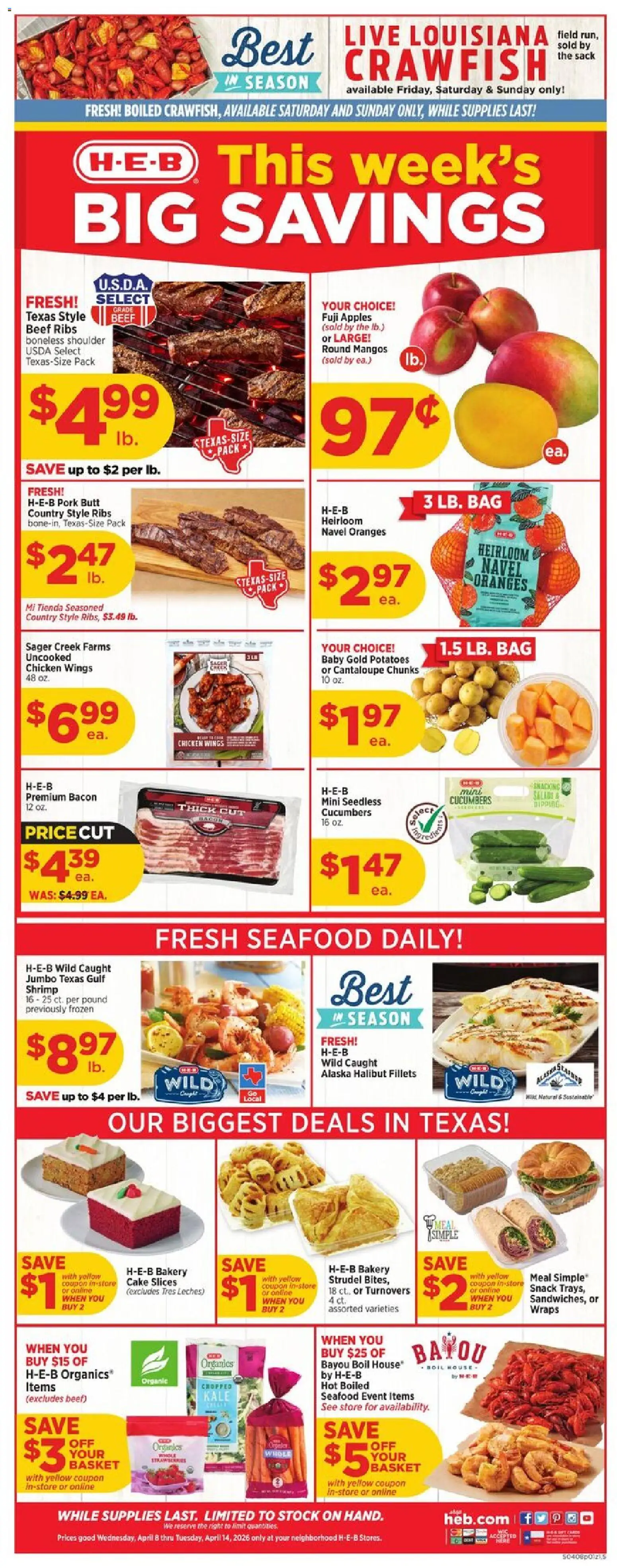 H-E-B Weekly Ad - valid from 08.04.2026 | Page: 1 | Products: Bakery, Basket, Cucumbers, Bag