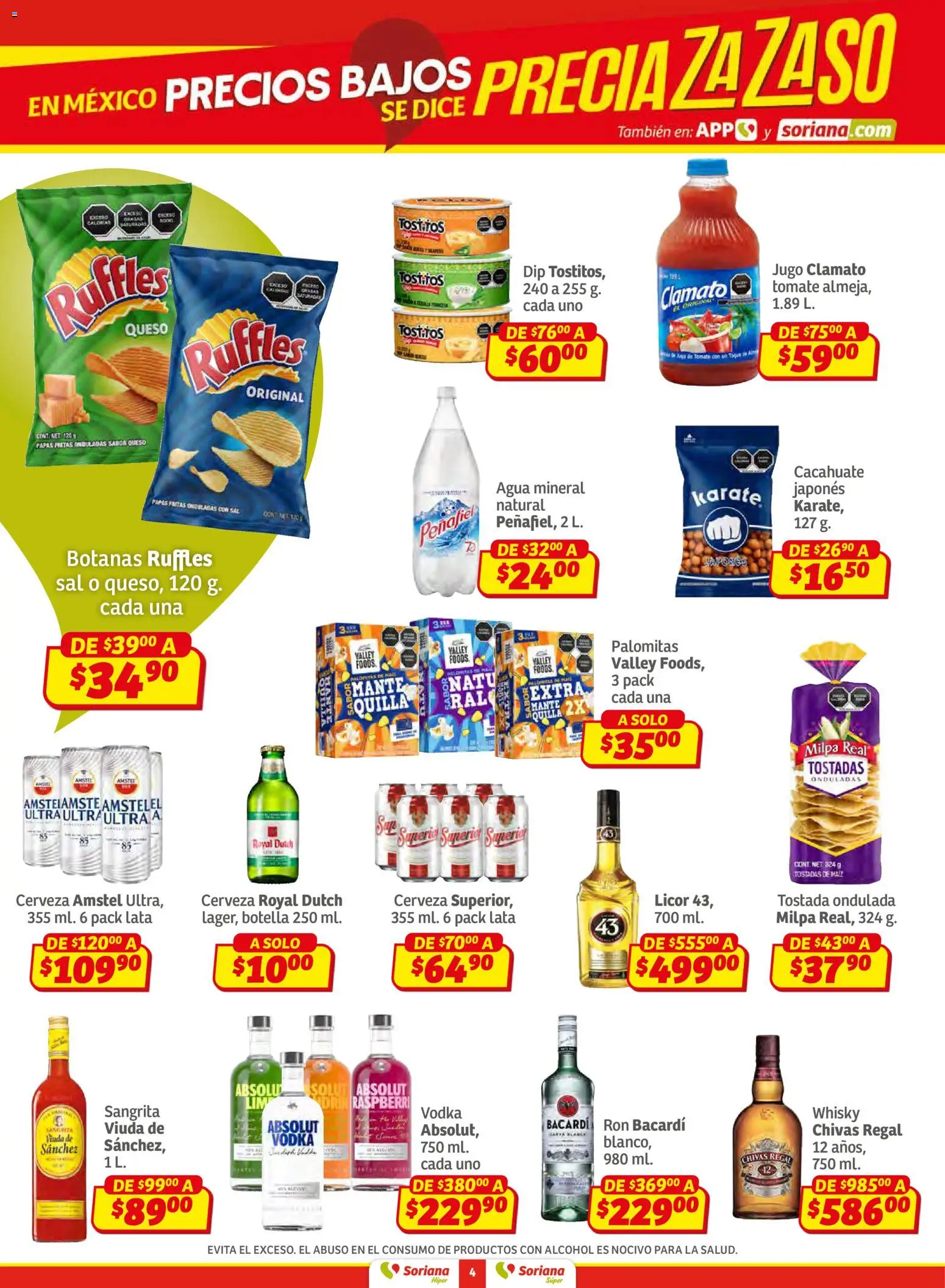 Nuevas ofertas de Soriana válidas en toda la República Mexicana desde el 02.01.2026. ¡Encuentra las mejores ofertas en Soriana - Preciazazaso Híper: Frontera Chia, Q. Roo Preciazazaso Híper: Frontera Chia, Q. Roo! | Página: 4 | Productos: Maíz, Tomate, Jugo, Whisky