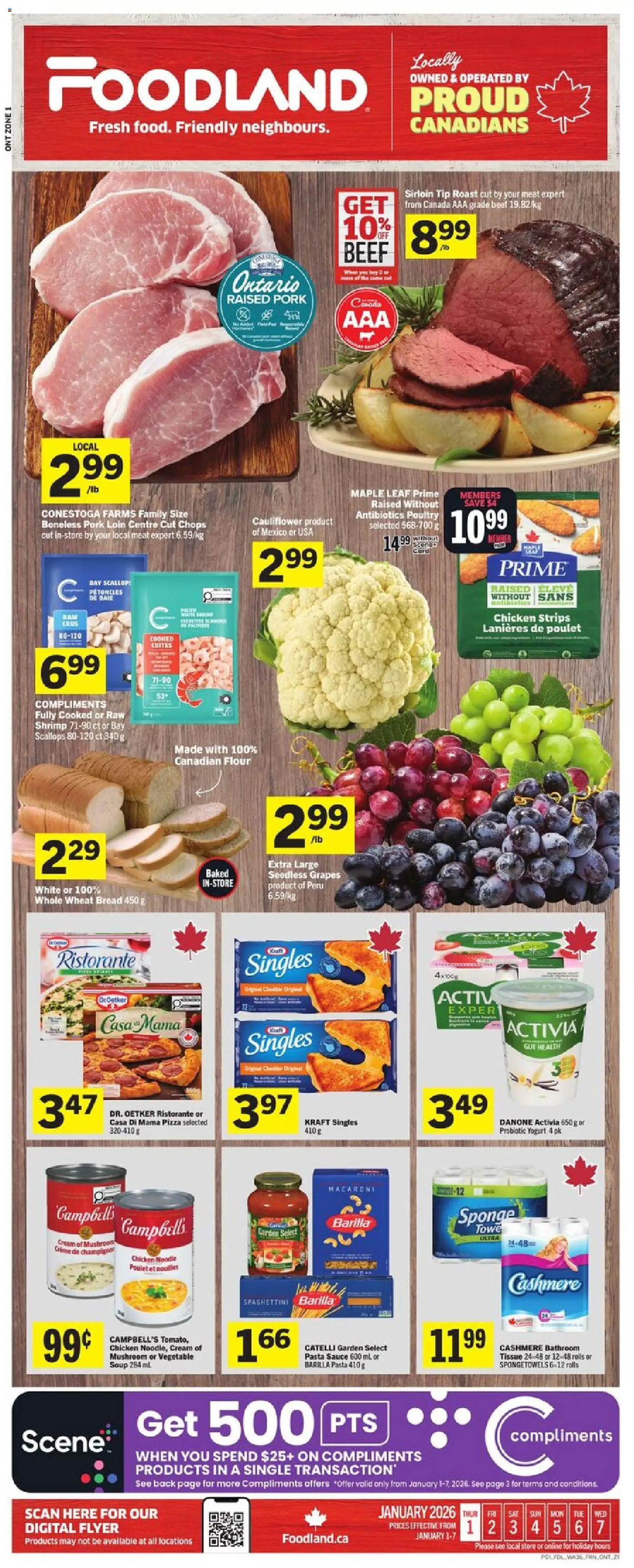 Foodland flyer valid from 01.01.2026 | Page: 1 | Products: Yogurt, Bread, Pizza, Pork
