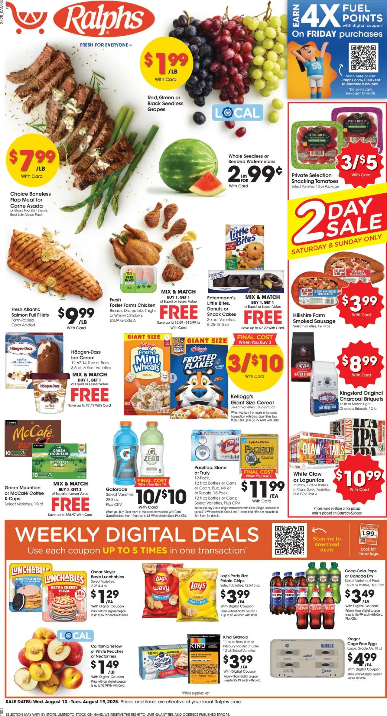 Ralphs Weekly Ad - valid from 13.08.2025 | Page: 1 | Products: Toaster, Chips, Sausage, Grapes