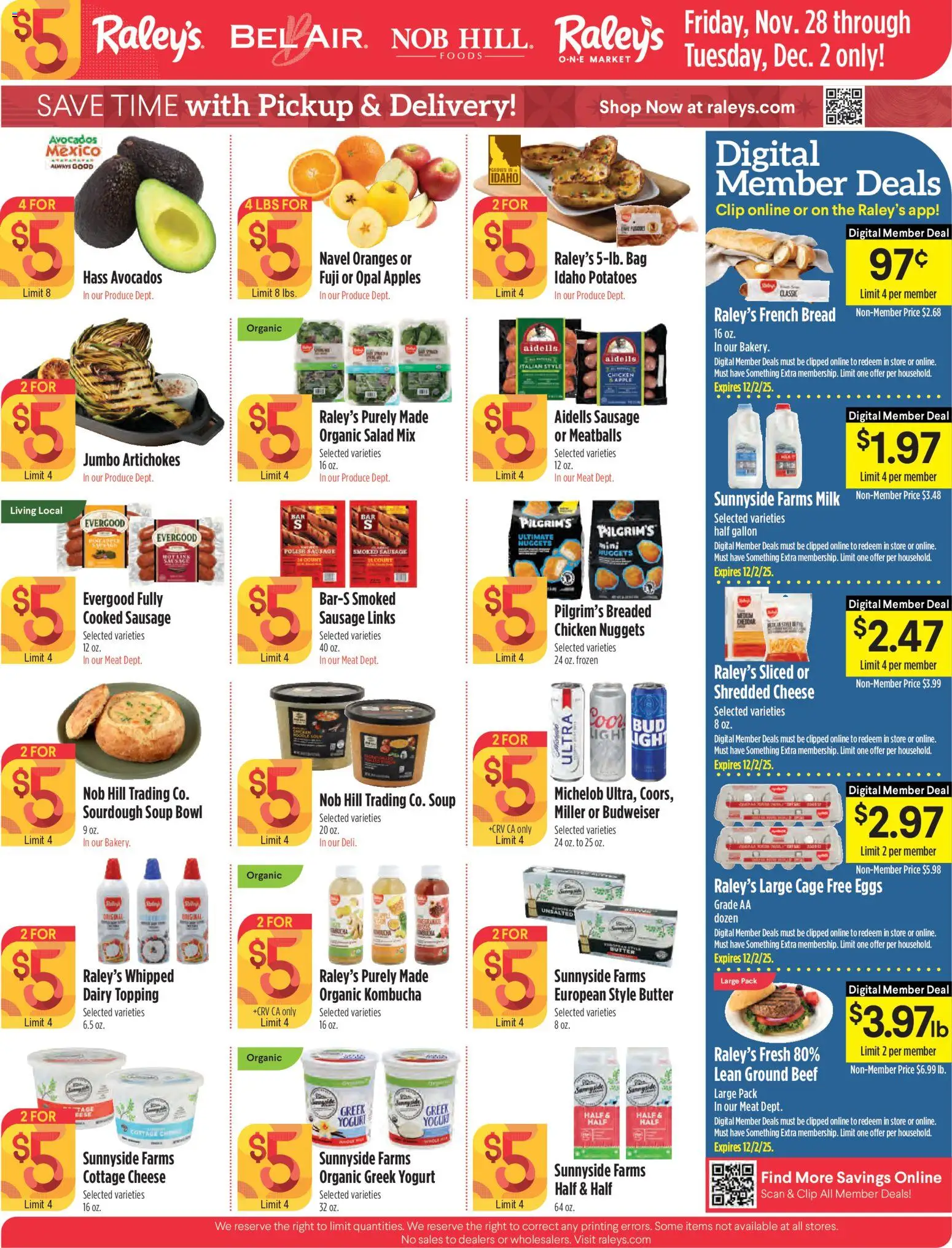Raley's Weekly Ad - valid from 28.11.2025 | Page: 1 | Products: Clip, Yogurt, Bread, Cottage cheese