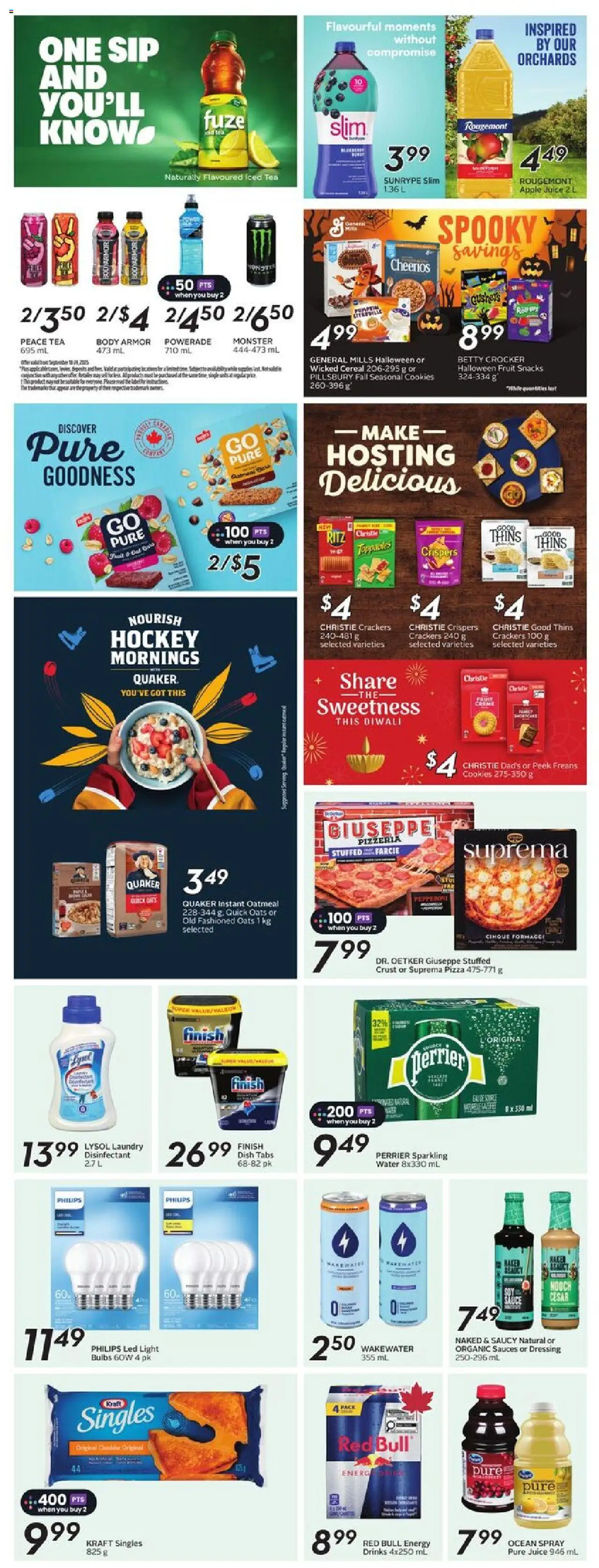 Sobeys flyer valid from 18.09.2025 | Page: 23 | Products: Tea, Cookies, Pizza, Juice