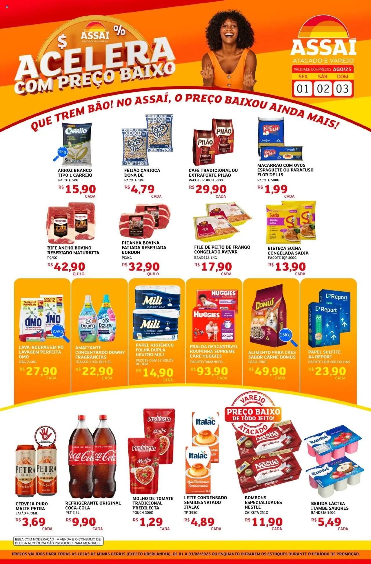 Assaí Atacadista Folheto - válido de 01.08.2025 | Página: 1 | Produtos: Feijão, Papel sulfite, Baixo, Papel higiênico