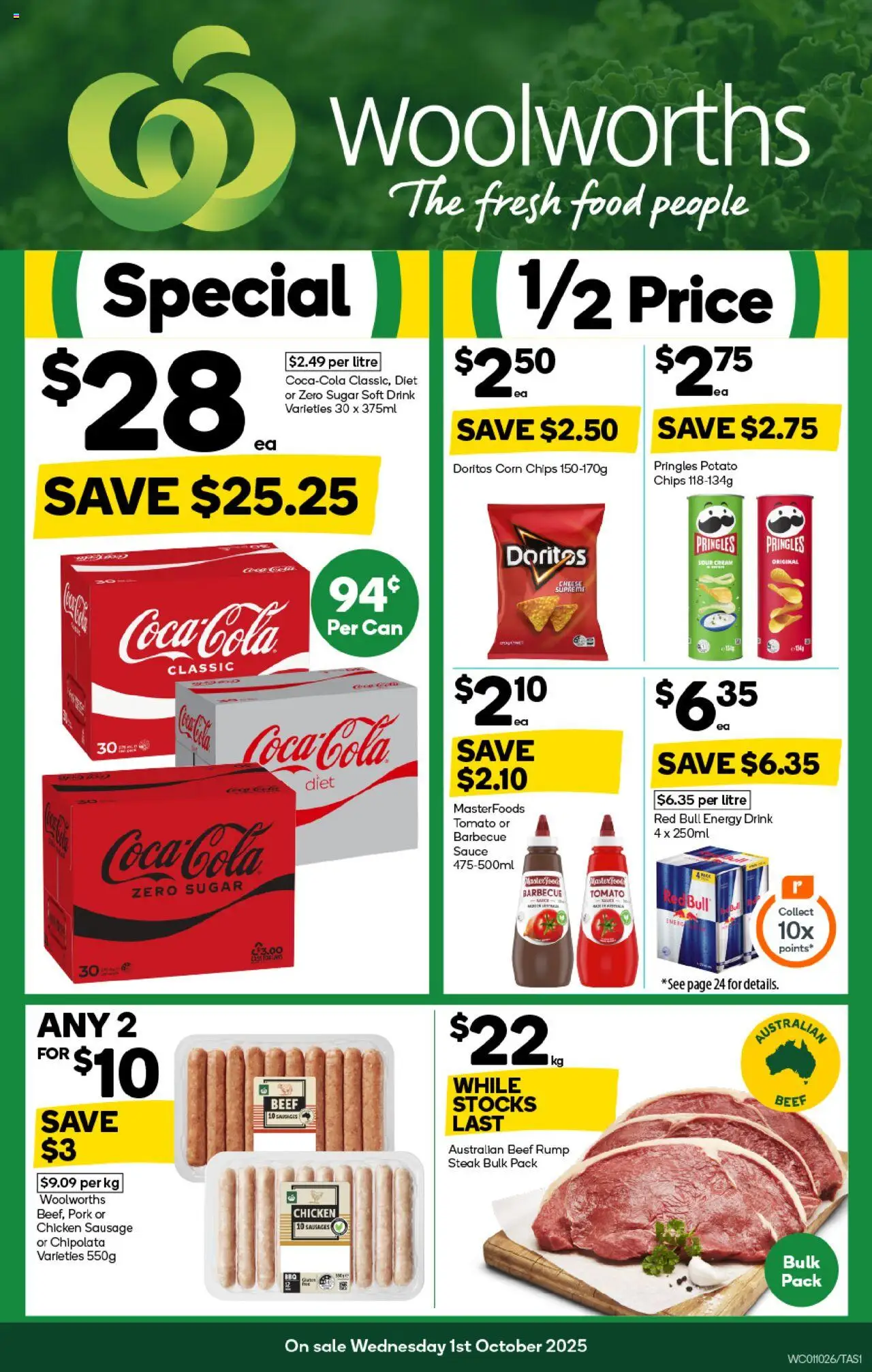 Woolworths catalogue - valid from 01.10.2025 | Page: 1 | Products: Sour cream, Beef, Sauce, Sausage