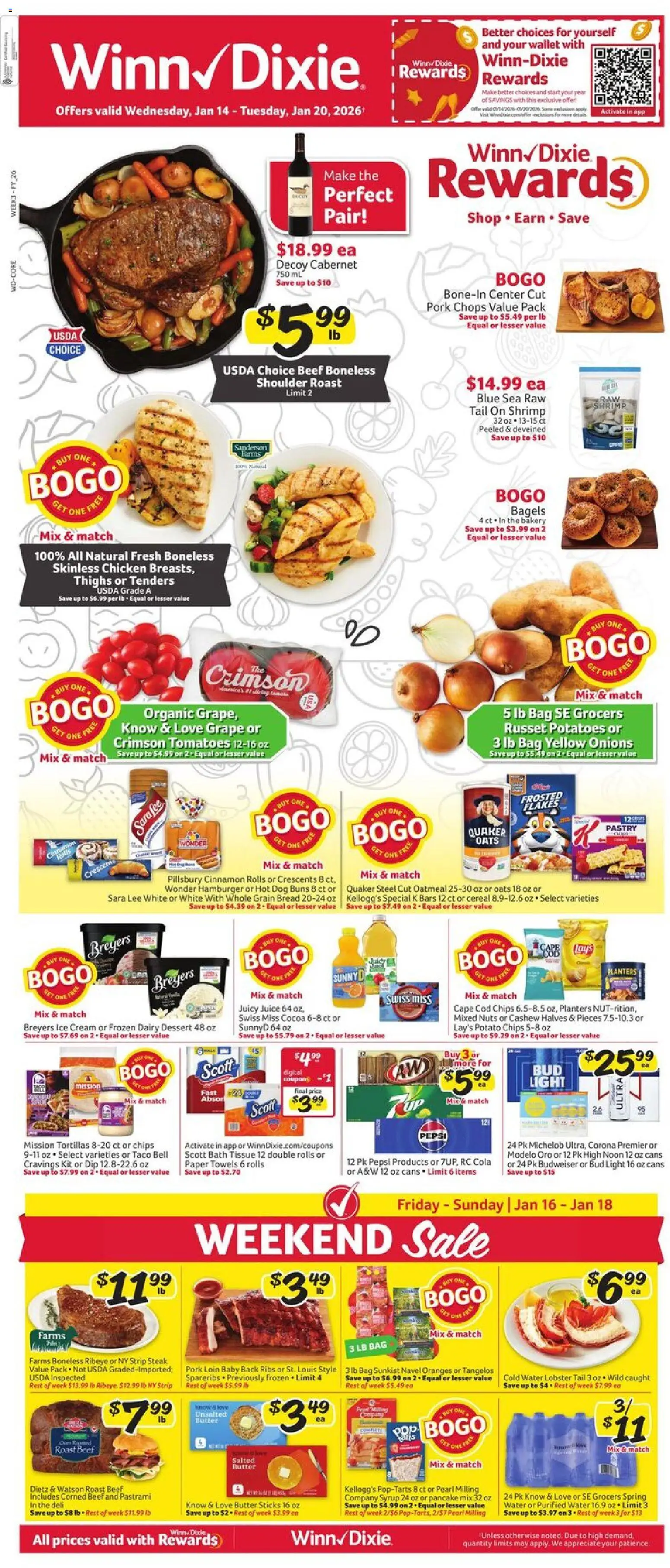 Winn Dixie Weekly Ad - valid from 14.01.2026 | Page: 1 | Products: Bakery, Potatoes, Water, Bag