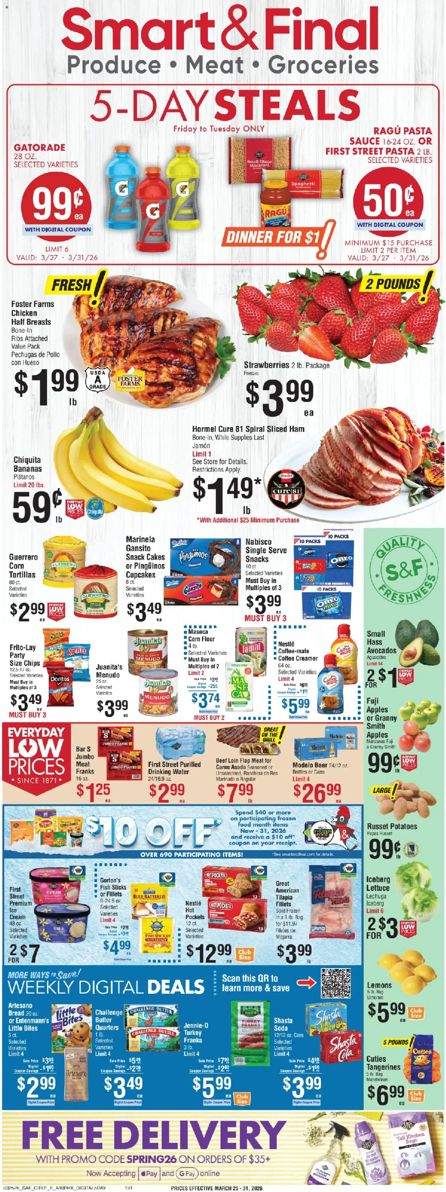 Smart & Final Weekly Ad - valid from 27.03.2026 | Page: 1 | Products: Bread, Beer, Strawberries, Water